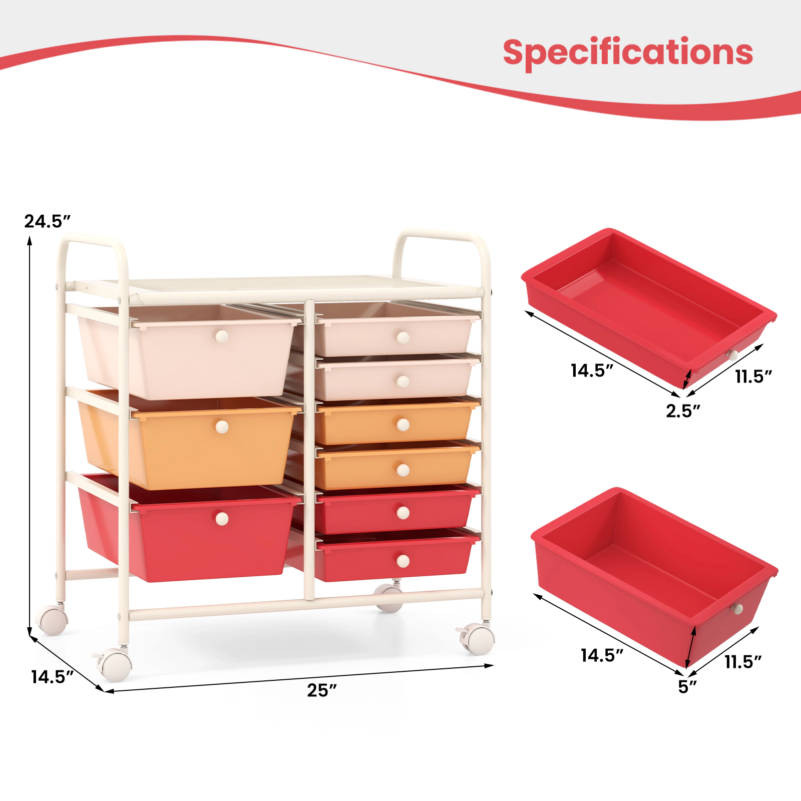 SUGIFT Light Pink 9-Drawer Rolling Storage Cart with Metal Frame 25-in W 14.5-in D 24.5-in H 22-lb Tabletop