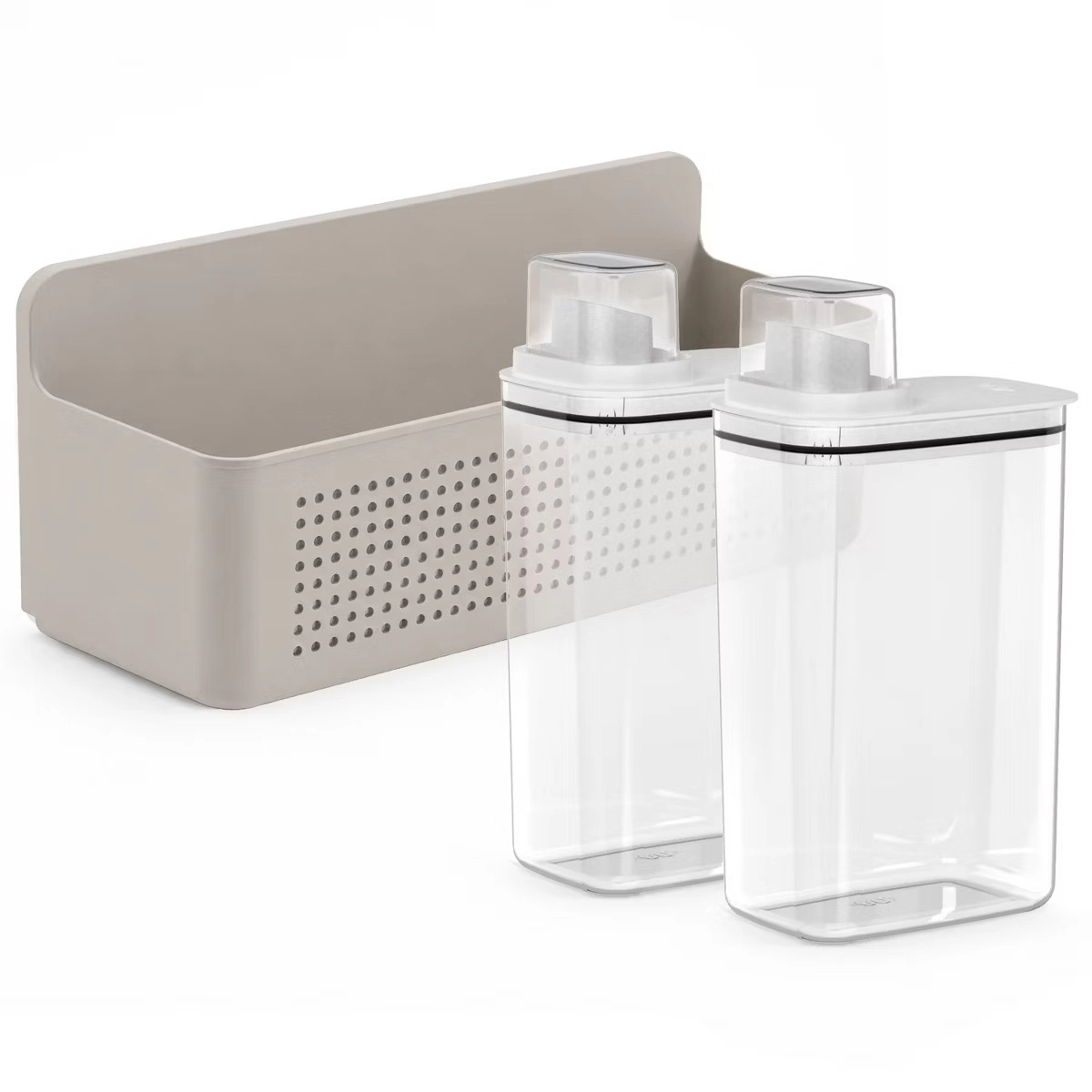 OU Laundry Detergent Dispenser & Wall-Mounted Storage Organizer Set, 2 Pack 77oz Clear Soap with Measuring Cap