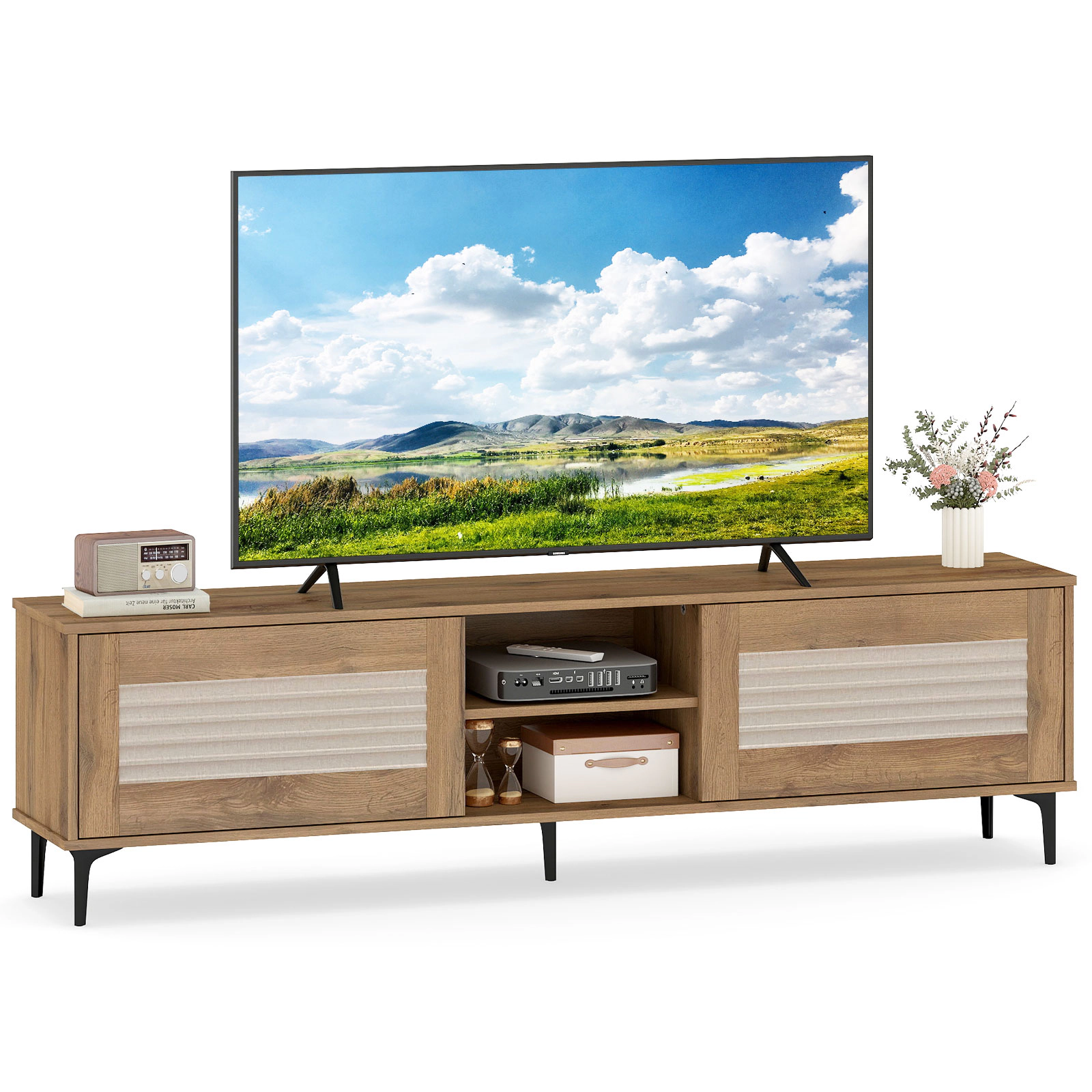 SUGIFT Waveform Fluted TV Stand for TVs up to 70 Inches with Cabinets and Shelves 132-lb Tabletop Capacity Oak