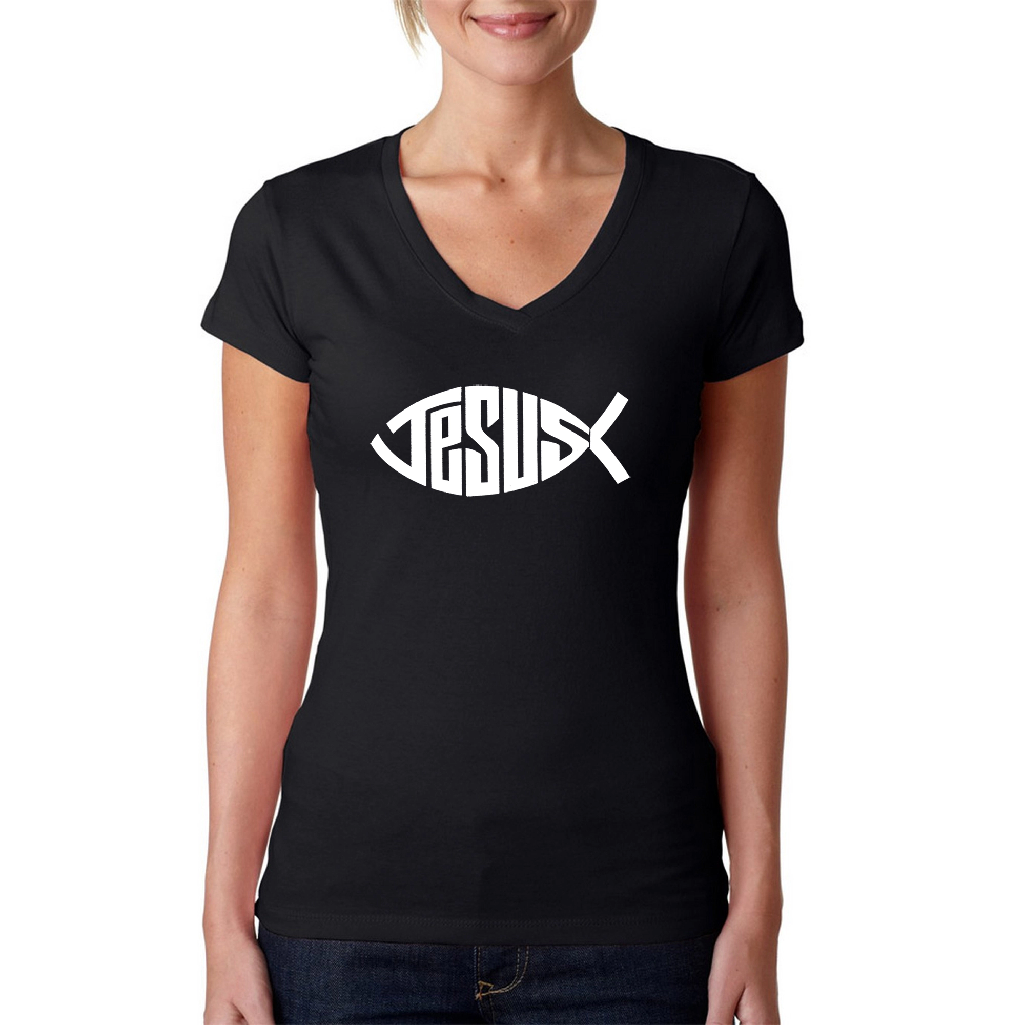 LA Pop Art Womens Word V-Neck T-Shirt - Christian Jesus Name Fish Symbol