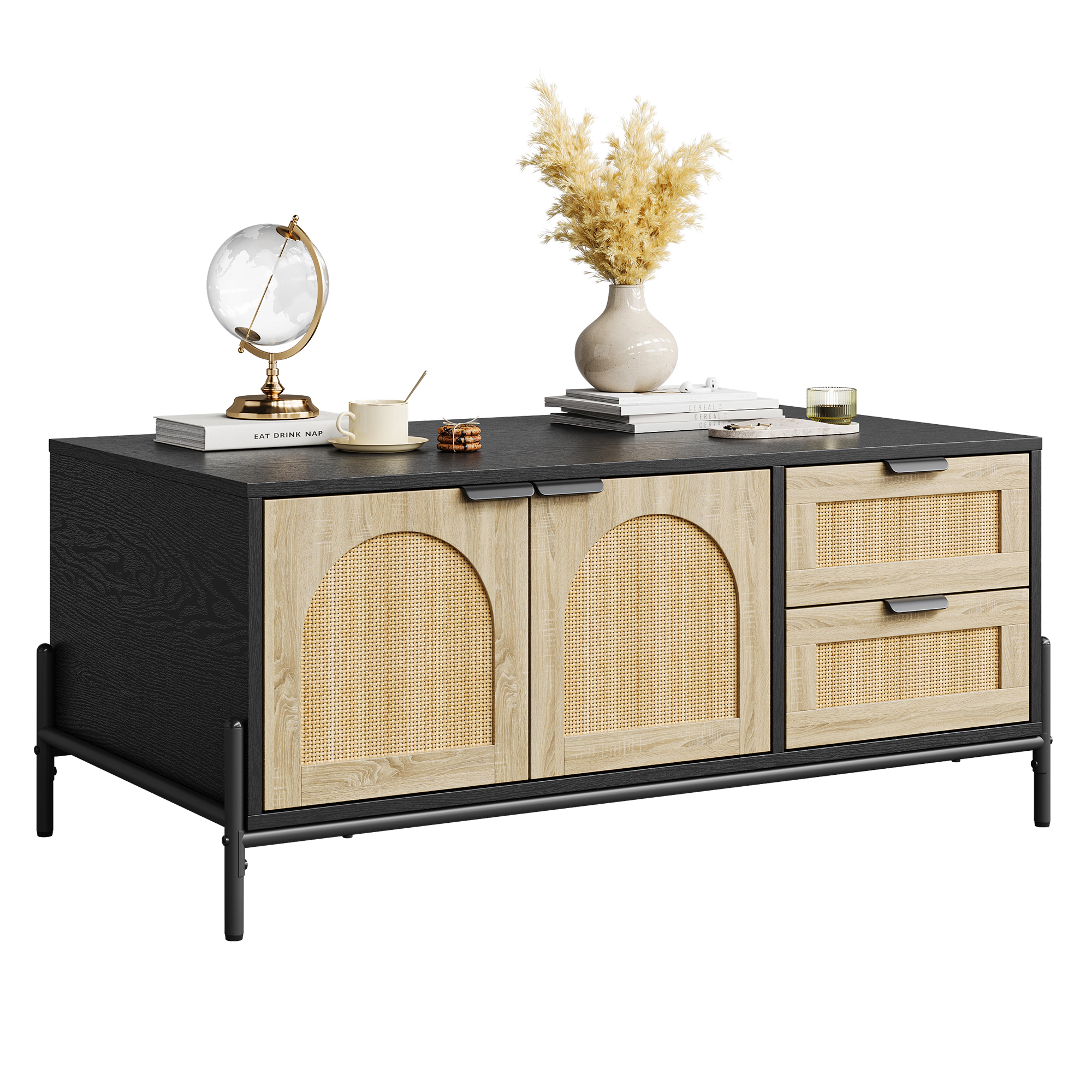 BebreezChic Rattan Coffee Table with LED Lights, Rectangular Center Table for Living Room - 2 Storage Drawers