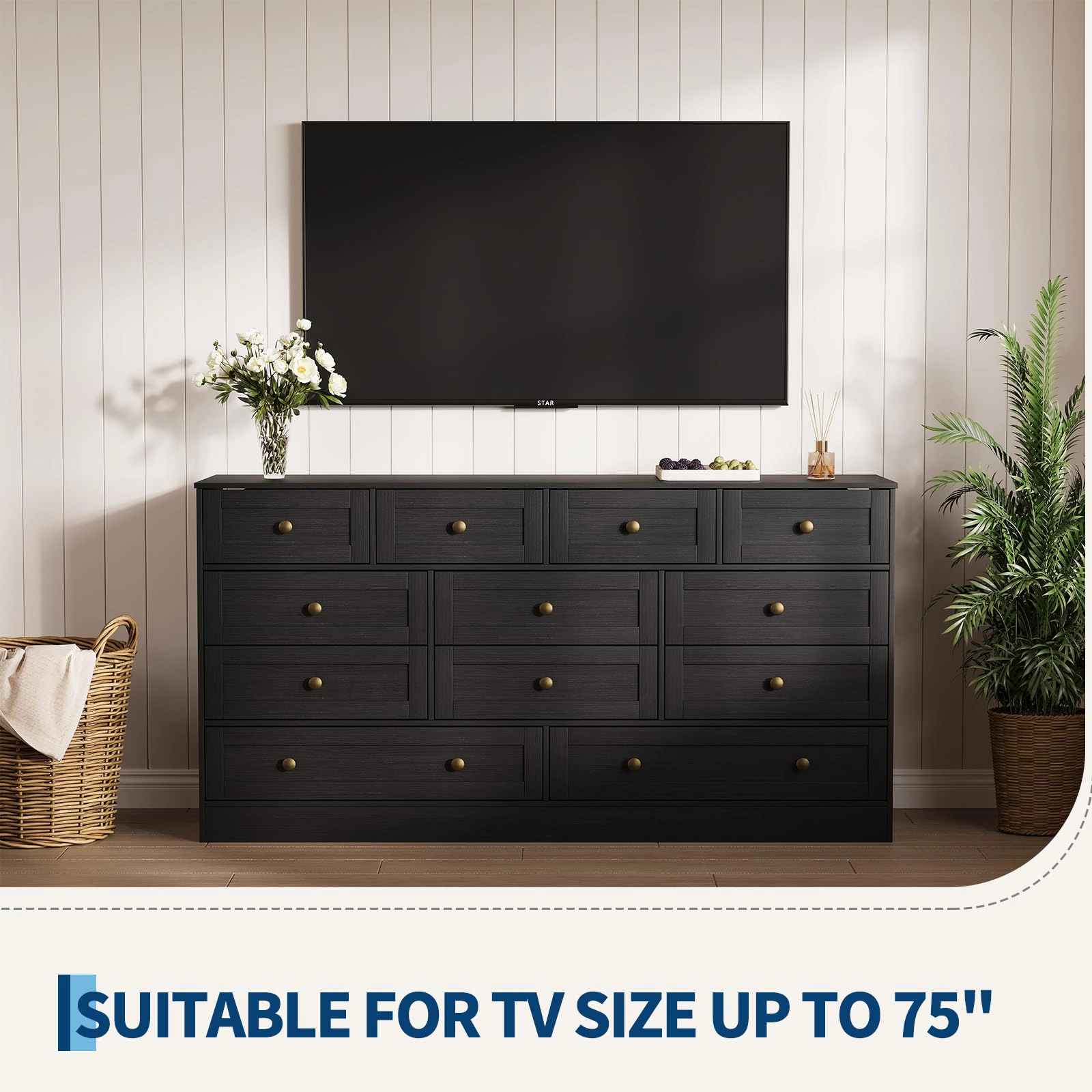 12 Drawer Wooden Dresser, Modern TV Stand for 65" TV, Storage Organizer Bedroom or Living Room