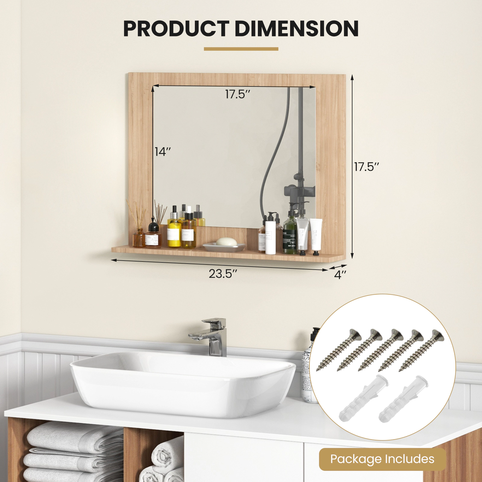 SUGIFT Wall-Mount Rectangle Bathroom Mirror with Storage Shelf 23.5 x 17.5 in Brown Wood Frame