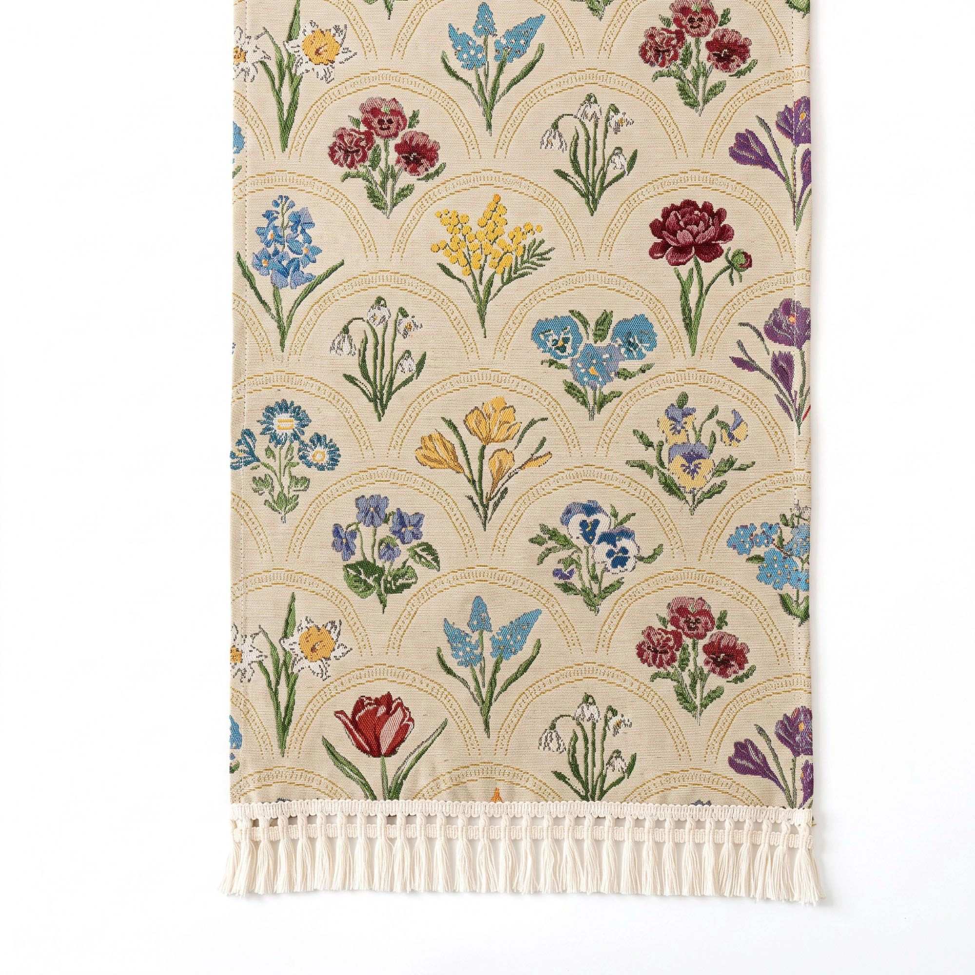 Alilang Unisex Beige Multicolor Floral Woven Table Runner with Tassel Fringe 13.8x47.2in