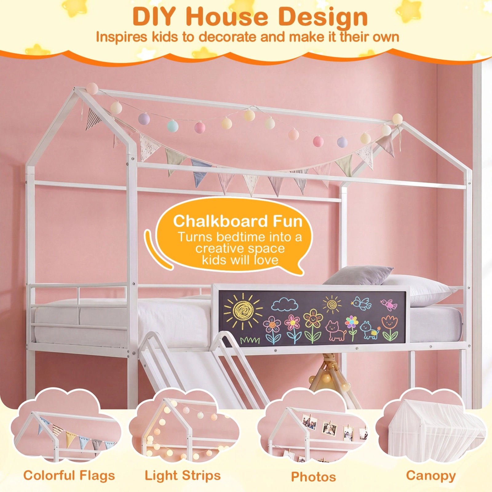 SUGIFT House-Shaped Kids Twin Loft Toddler Bed with Slide, Ladder and Chalkboard 250-lb Capacity Black/White
