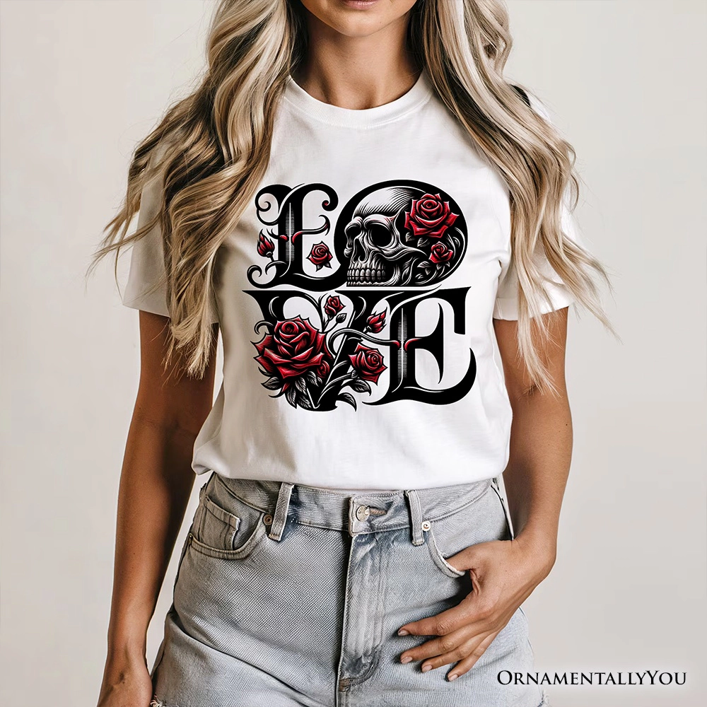 OrnamentallyYou Unisex Gothic Love Skull Roses Dark Valentine Romance T-Shirt