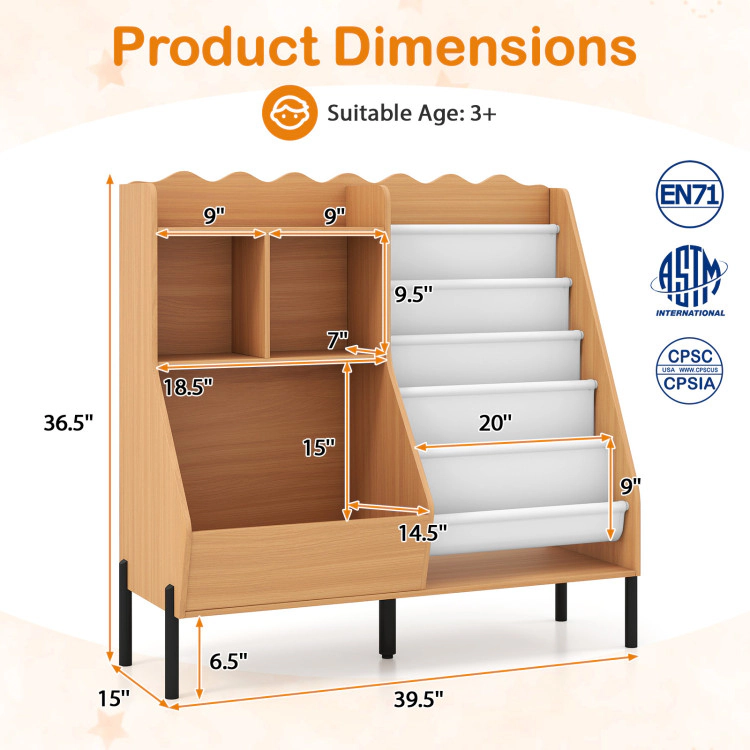 Hivvago Kids Bookshelf and Toy Storage Organizer Wooden Bookcase with 5 Fabric Pockets