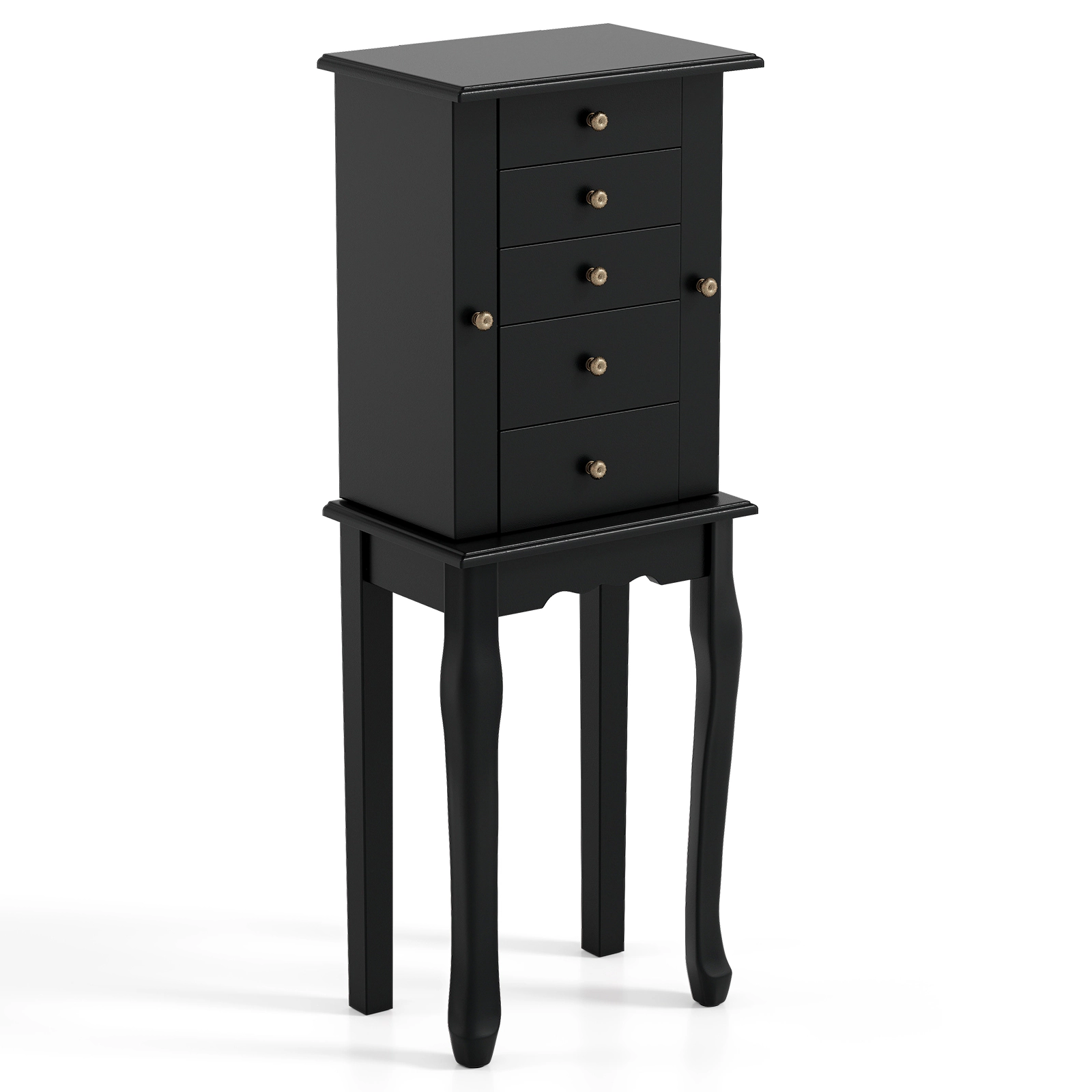 SUGIFT Flip Top Mirror 5 Drawers 2 Side Doors 8 Necklace Hooks Jewelry Cabinet Armoire 12.5-in x 8.5-in x 34-in Black