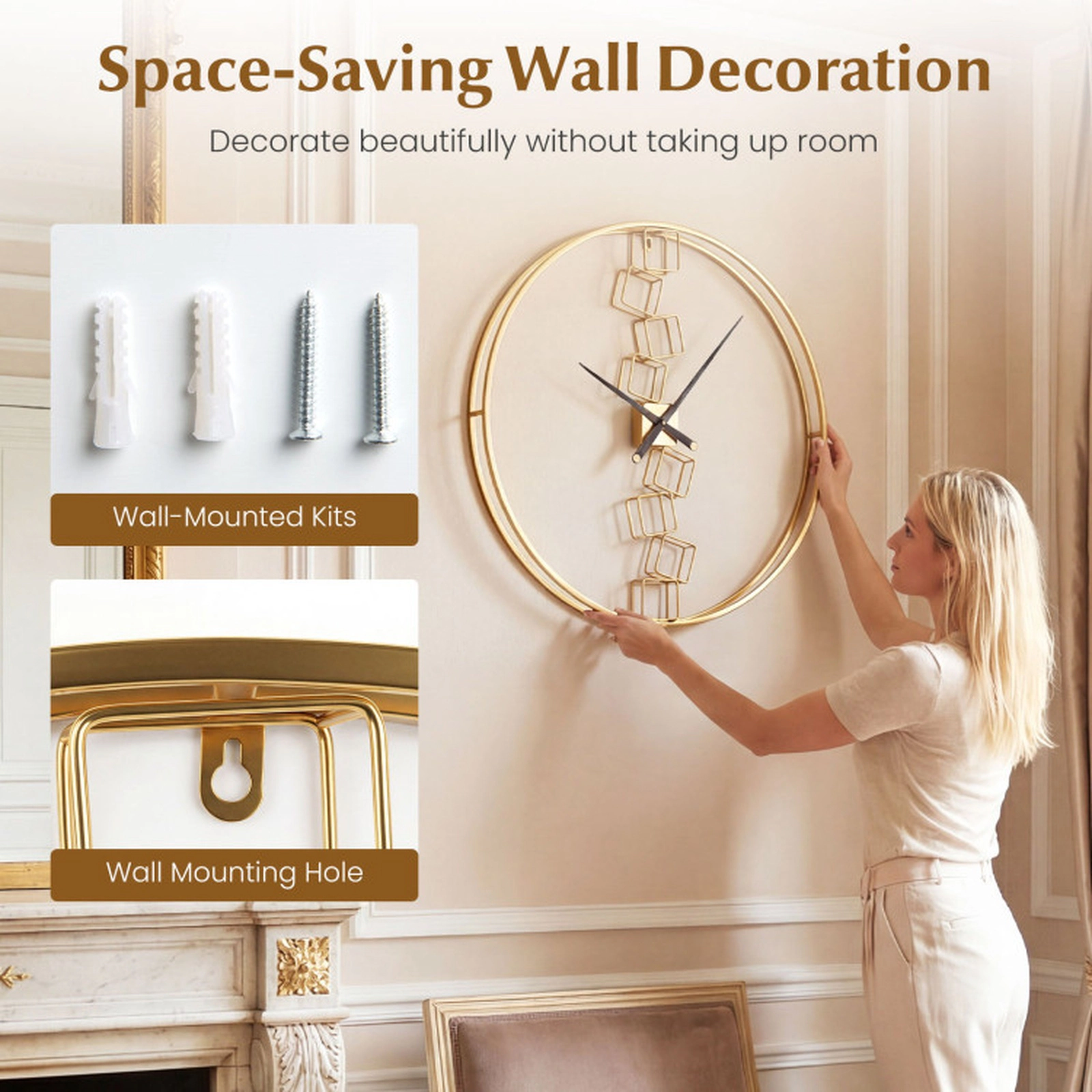 SUGIFT Yellow 27-in Large Non-Ticking Quartz Wall Clock with Metal Frame and Nordic Style Design