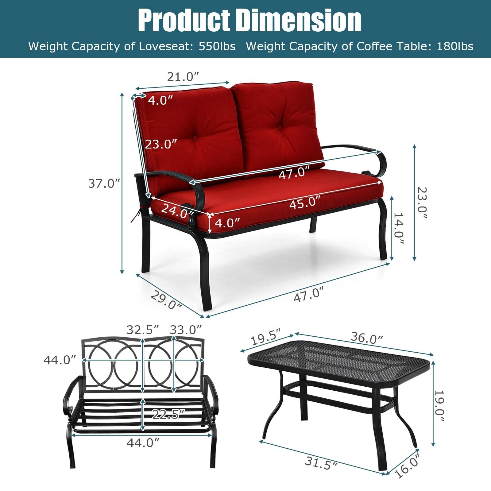 SUGIFT 2-Piece Steel Patio Conversation Loveseat Bench and Coffee Table Set 550-lb Capacity with Cushions Red