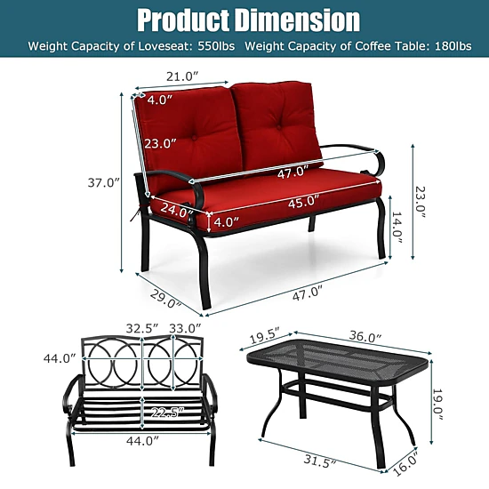SUGIFT 2-Piece Steel Patio Conversation Loveseat Bench and Coffee Table Set 550-lb Capacity with Cushions Red