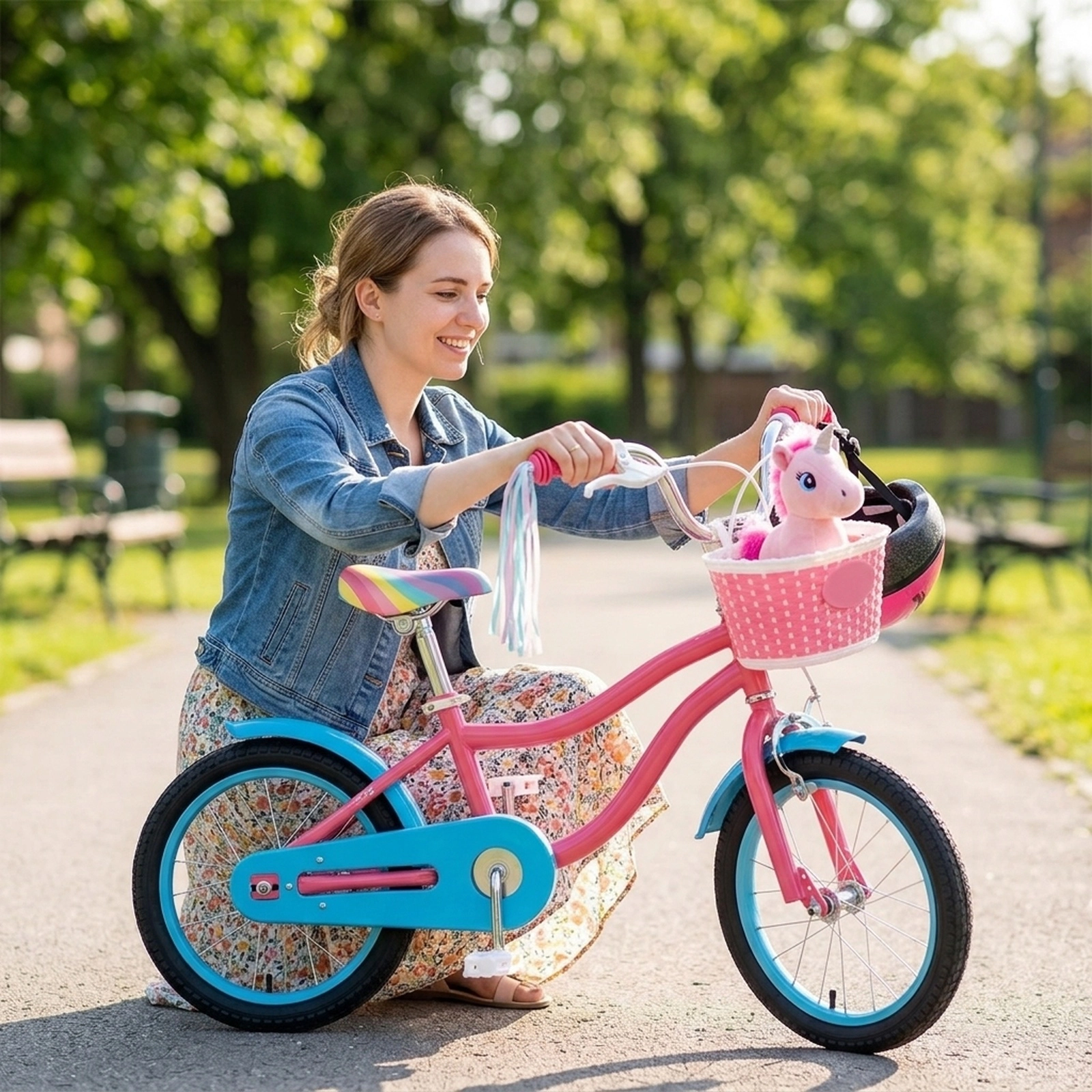 14-in Girls Bike Doll Seat Basket and Removable Training Wheels for Kids Ages 3-5 Adjustable Saddle and Handlebar Pink