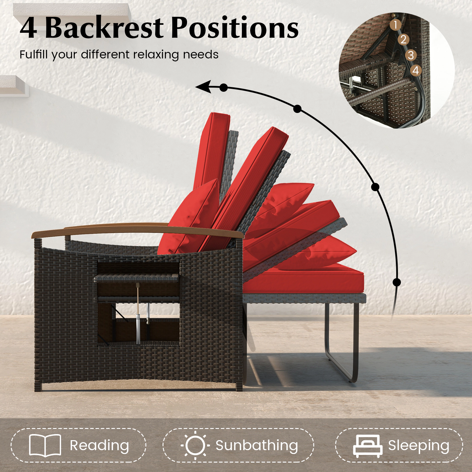 SUGIFT Folding Backrest Panels Storage Ottoman and Throw Pillows Outdoor Wicker Daybed