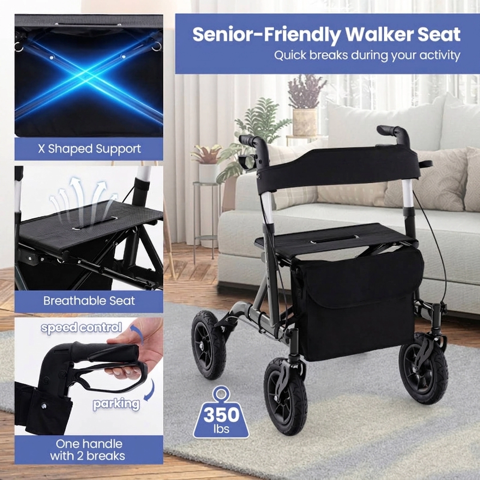 SUGIFT Black Folding Rollator Walker with 9.5-in Pneumatic Wheels 30-in W 25-in D 350-lb Seat Capacity