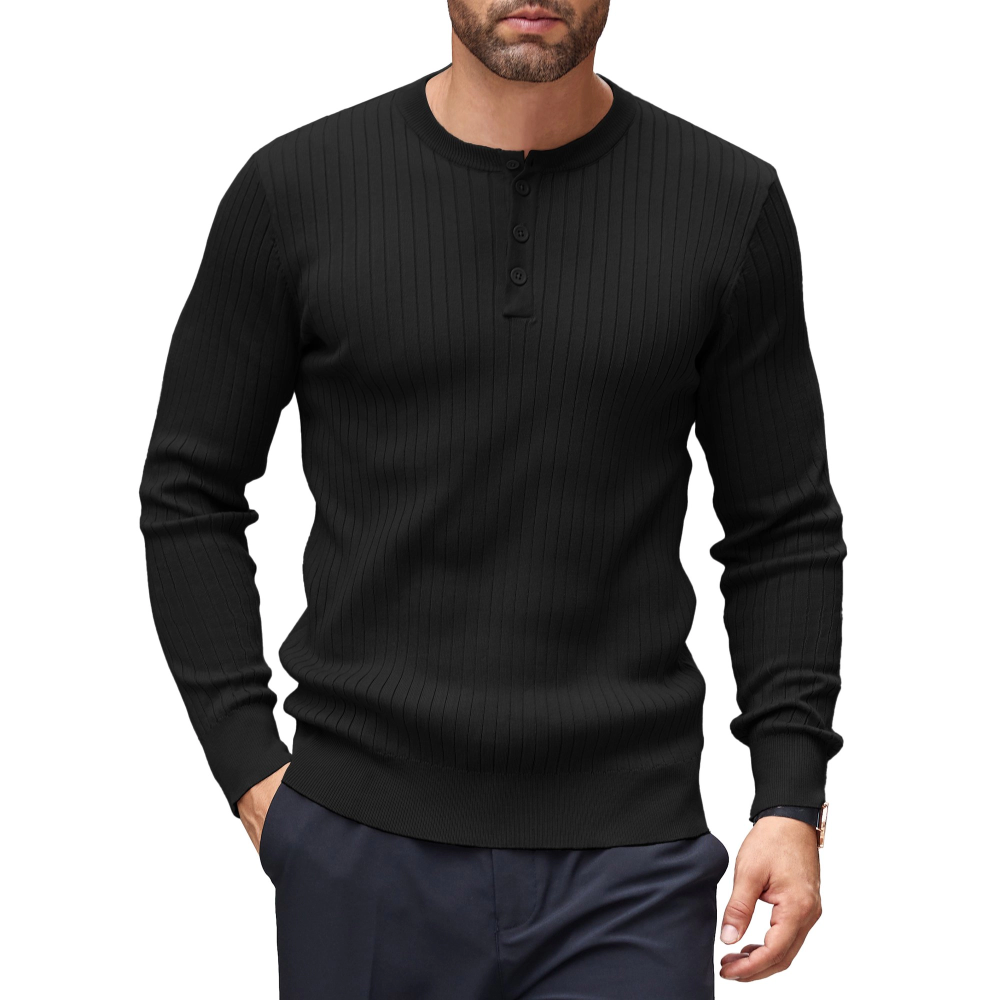 COOFANDY Mens Ribbed Knit Long Sleeve Henley Sweater Button Neck Casual Pullover
