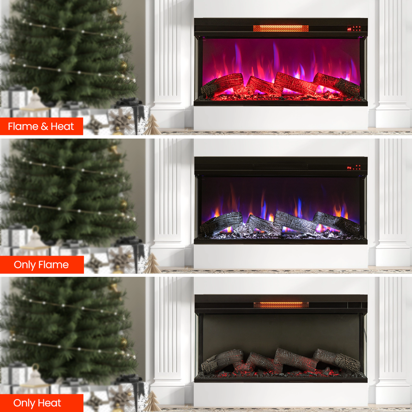 SUGIFT 36-in 3-Sided 7-Color Flame Infrared Quartz Electric Fireplace 36-in x 8.2-in x 18.1-in 5118 BTU Black