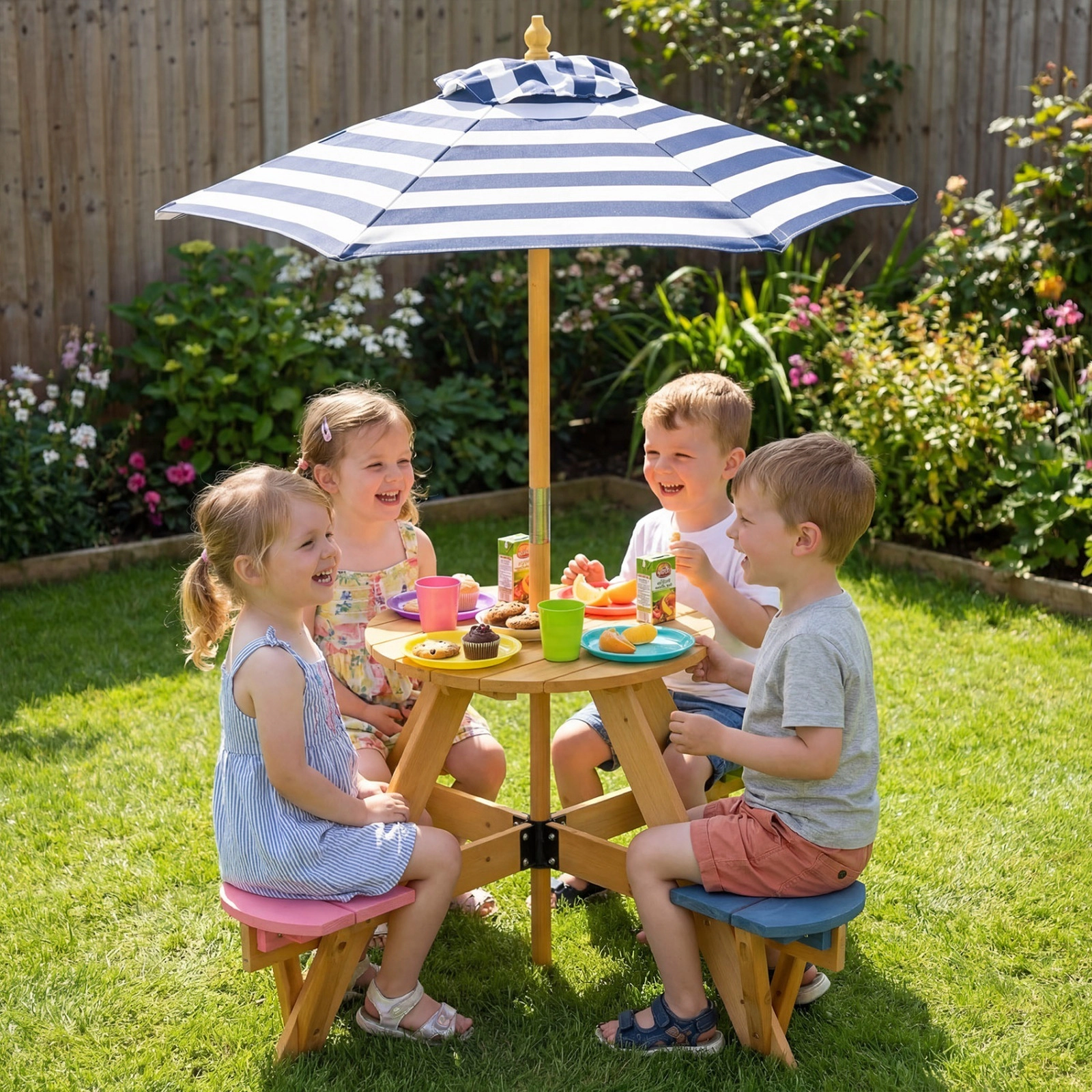 SUGIFT Kids Picnic Table Set, Blue Fir Wood Table with 4 Stools and 46.5-Inch Umbrella