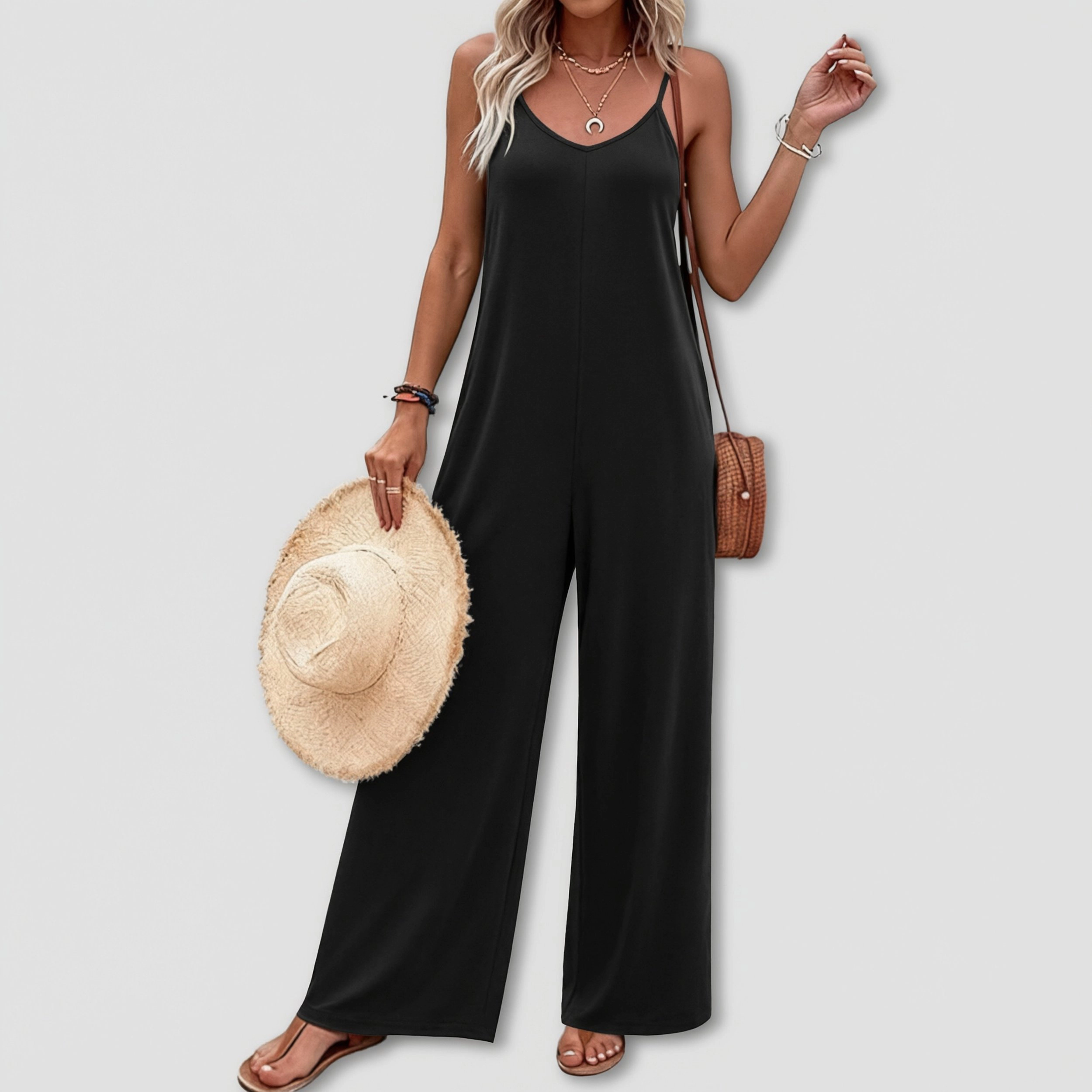 Ekouaer Women's Spaghetti Strap V Neck Wide Leg Printed Jumpsuit