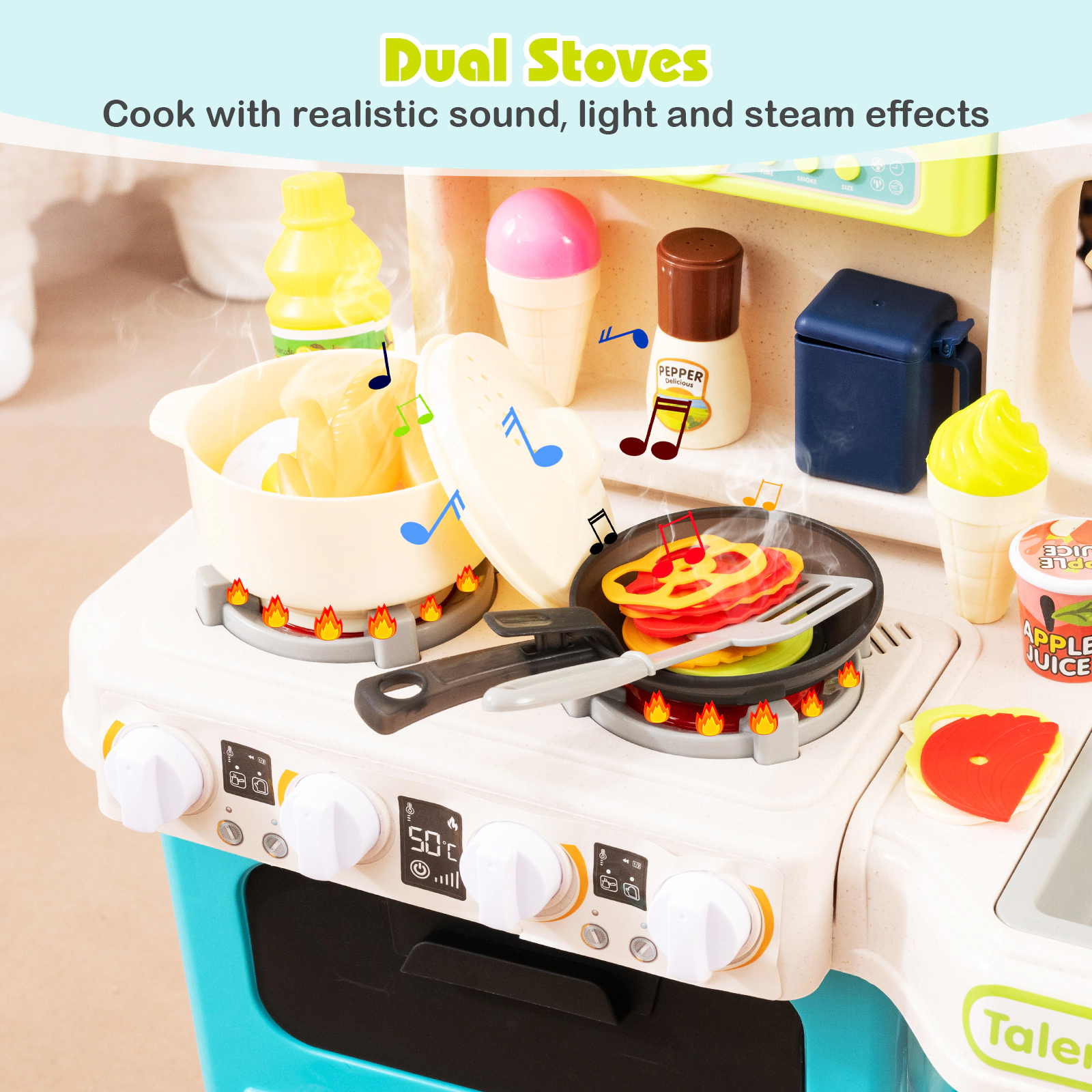 SUGIFT Blue 95 Accessories Steam Effect and Sounds Kids Corner Play Kitchen Playset