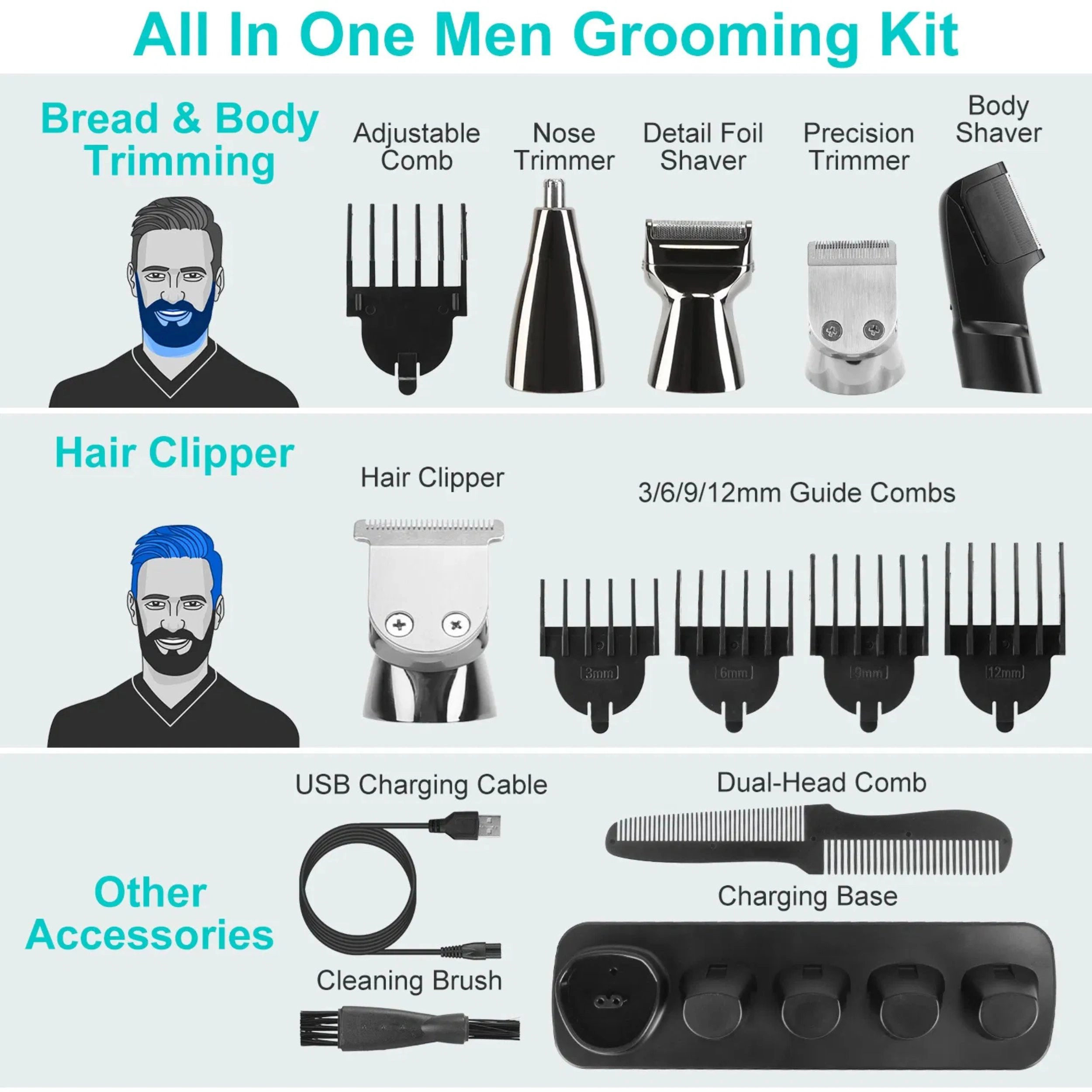 SS Design Men's 5 Head All In One Beard Trimmer Electric Razor Silver Black