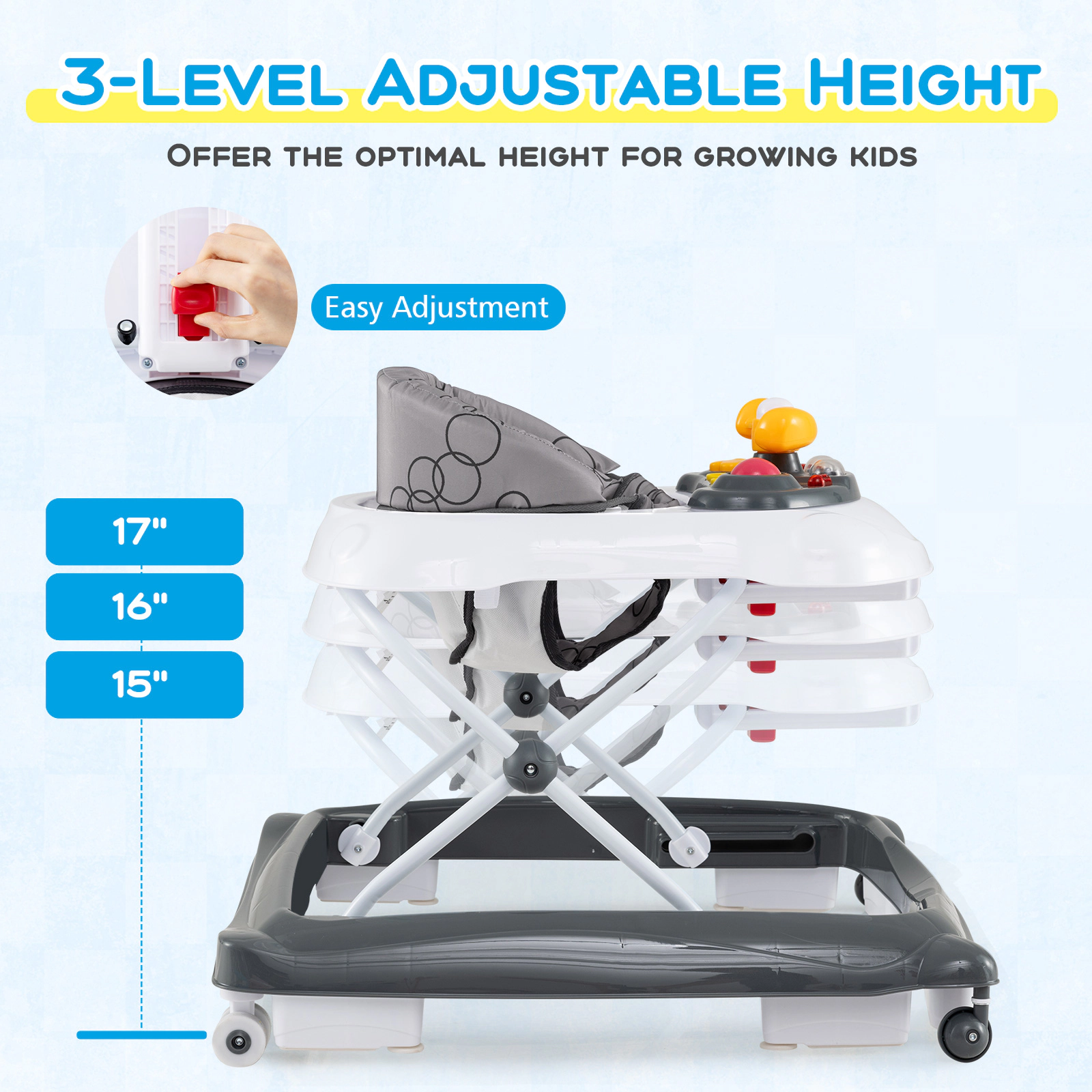 Lightweight Foldable Baby Walker with 3 Tool Free Height Settings Padded Washable Seat Lights and Music Toy Tray in Gray