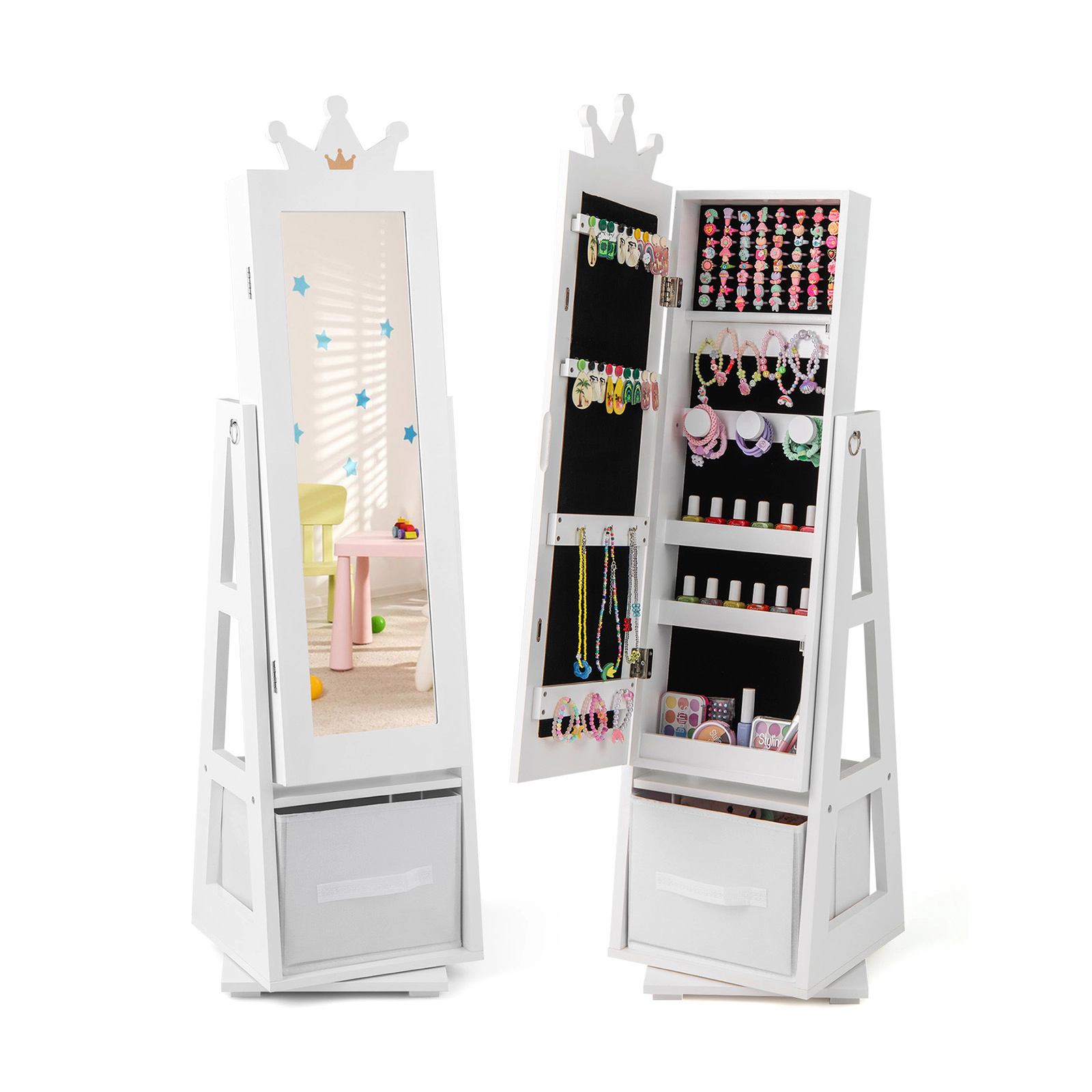 SUGIFT 46-in White Kids Jewelry Armoire with Full-Length Mirror and Swivel Cabinet for Bedroom Playroom