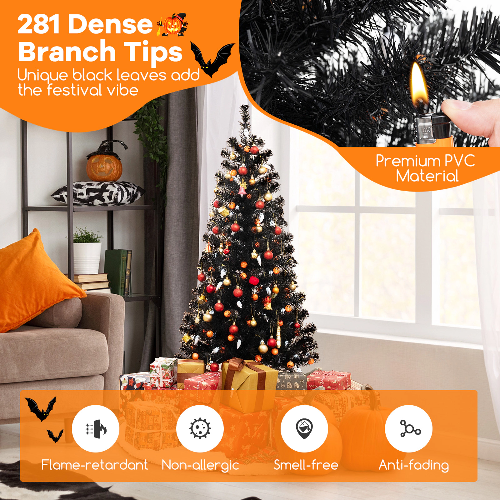 SUGIFT Black 4.5-ft Artificial Halloween Tree with 65 Ghost Lights 65 Pumpkin Lights 6 Modes and 5 Sounds