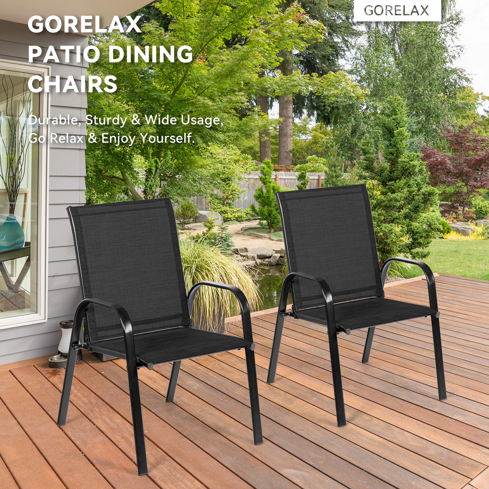 SUGIFT Set of 2 Black Folding Outdoor Patio Dining Chairs with Armrests