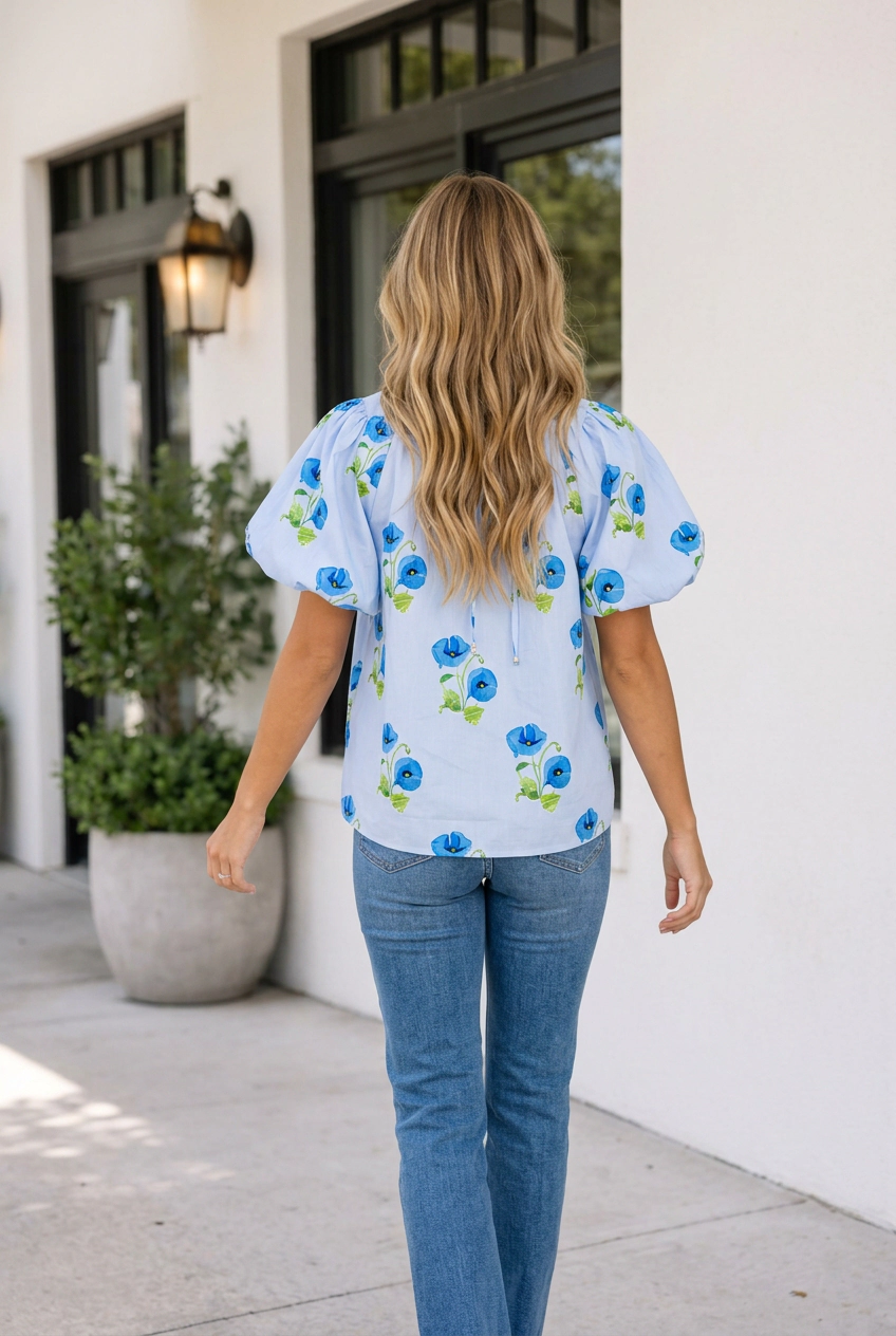 Threaded Pear Women's Sky Blue Floral Print Tie Split Neck Short Puff Sleeve Blouse