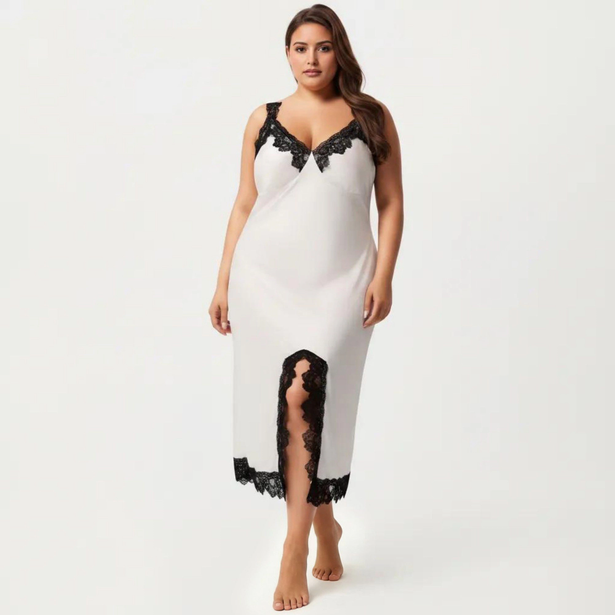 Anna-Kaci Women's Plus Long Satin Chemise Lace Trim Split Hem Nightgown Adjustable Strap Slip Dress
