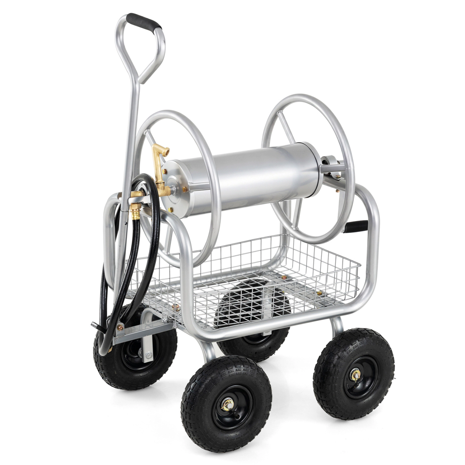 LJG Garden Hose Reel Cart 300 Feet Large Capacity with 4 Wheels and Storage Basket