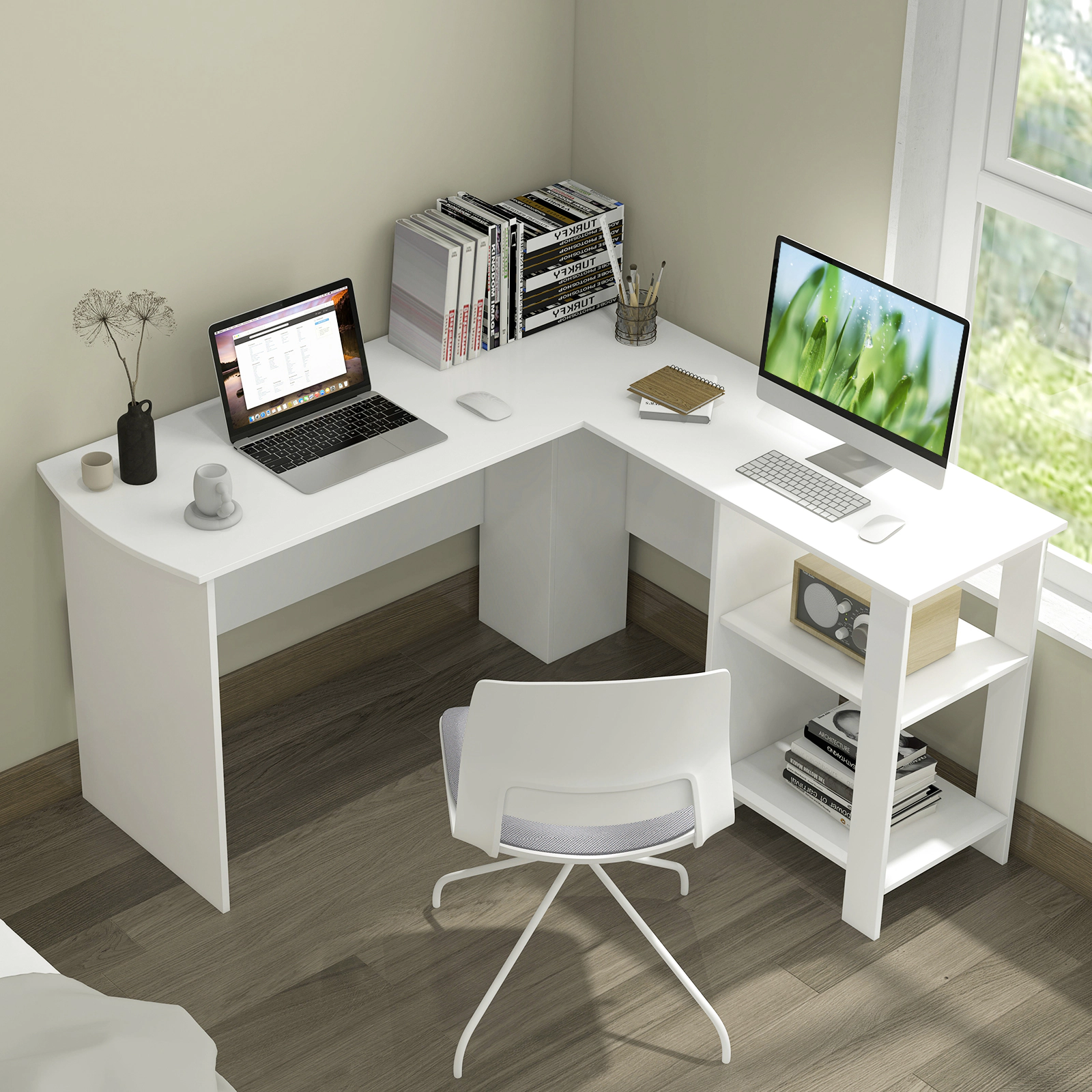 SUGIFT L-Shaped Computer Desk 330-lb Tabletop and 45-lb Shelf Capacity with 2 Cable Holes and 2 Storage Shelves White