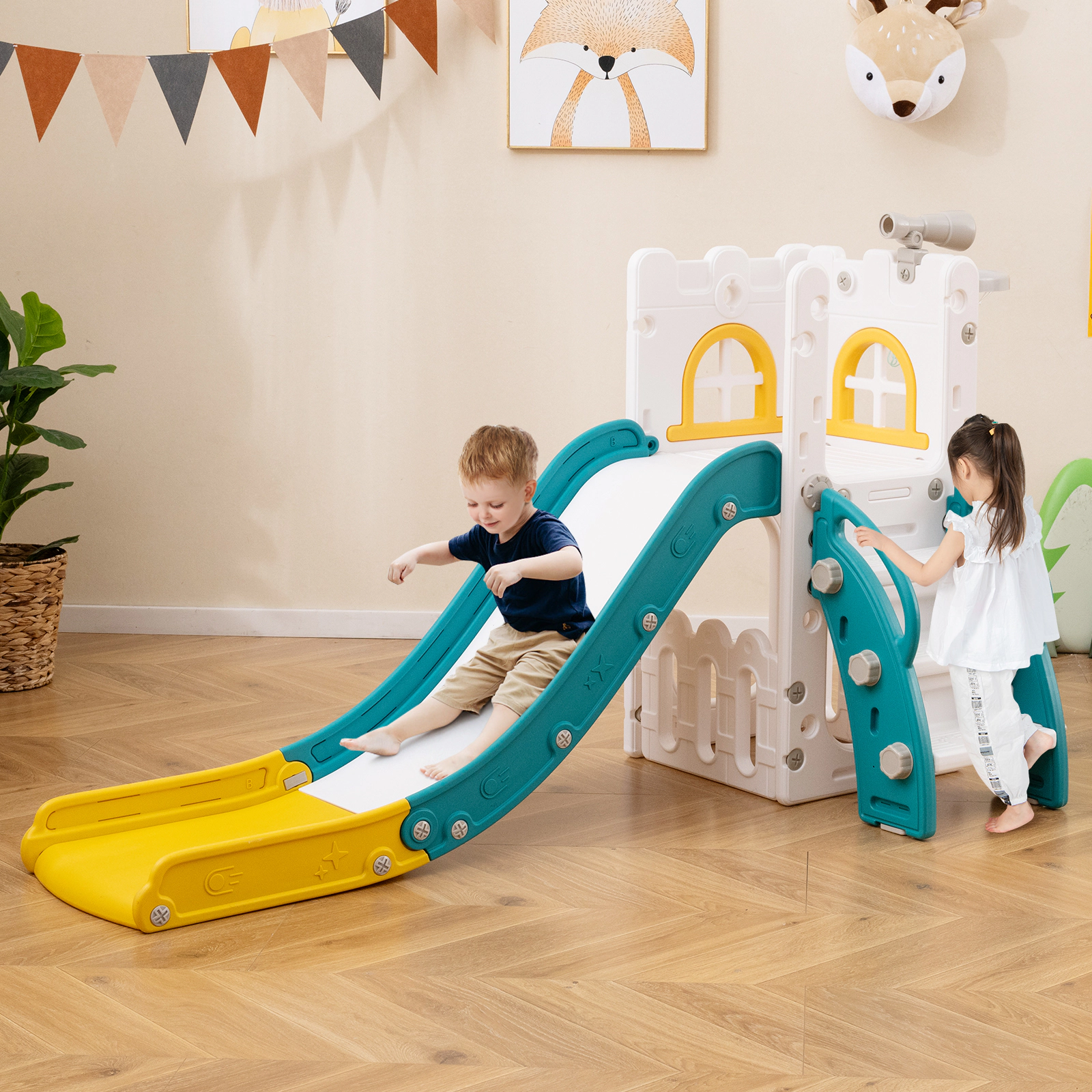 SUGIFT 6-in-1 110-lb Capacity L-Shaped Toddler Slide with Telescope Climber Basketball Hoop and Ladder