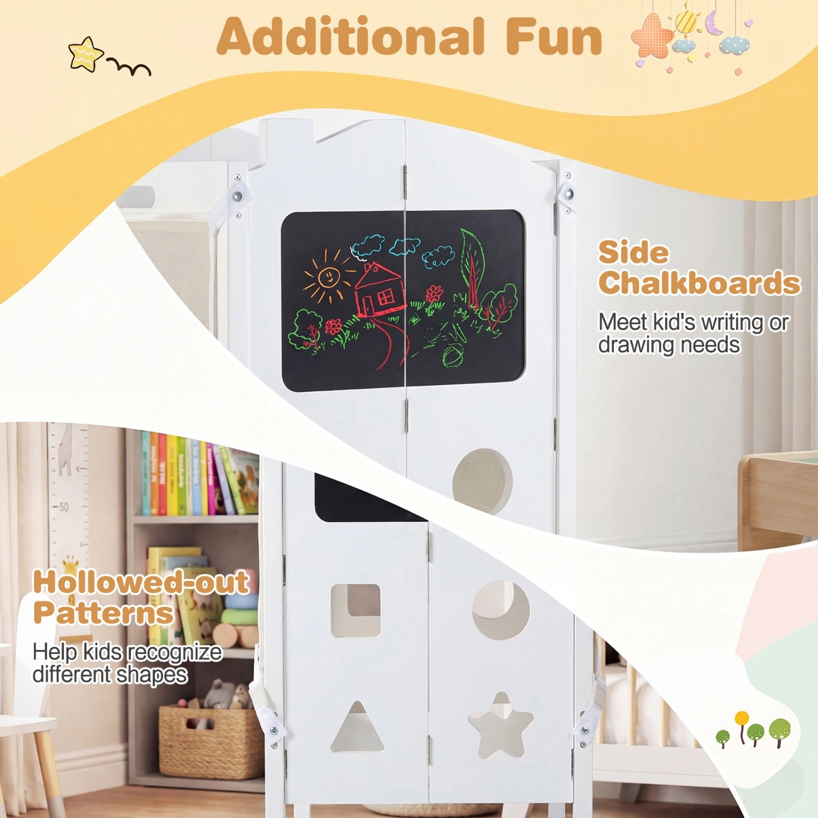 SUGIFT White Foldable Toddler Learning Tower with Chalkboards and 2-Step Stool for Kids Kitchen Helper