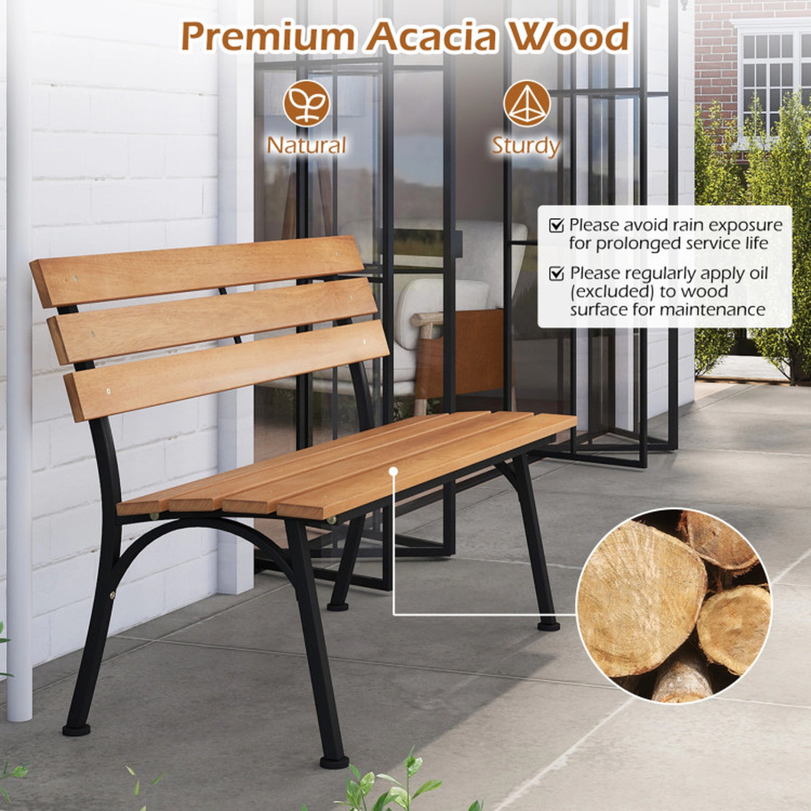 SUGIFT 47-Inch Outdoor Garden Bench, Acacia Wood Seat, Black Metal Frame, 800-Lb Capacity