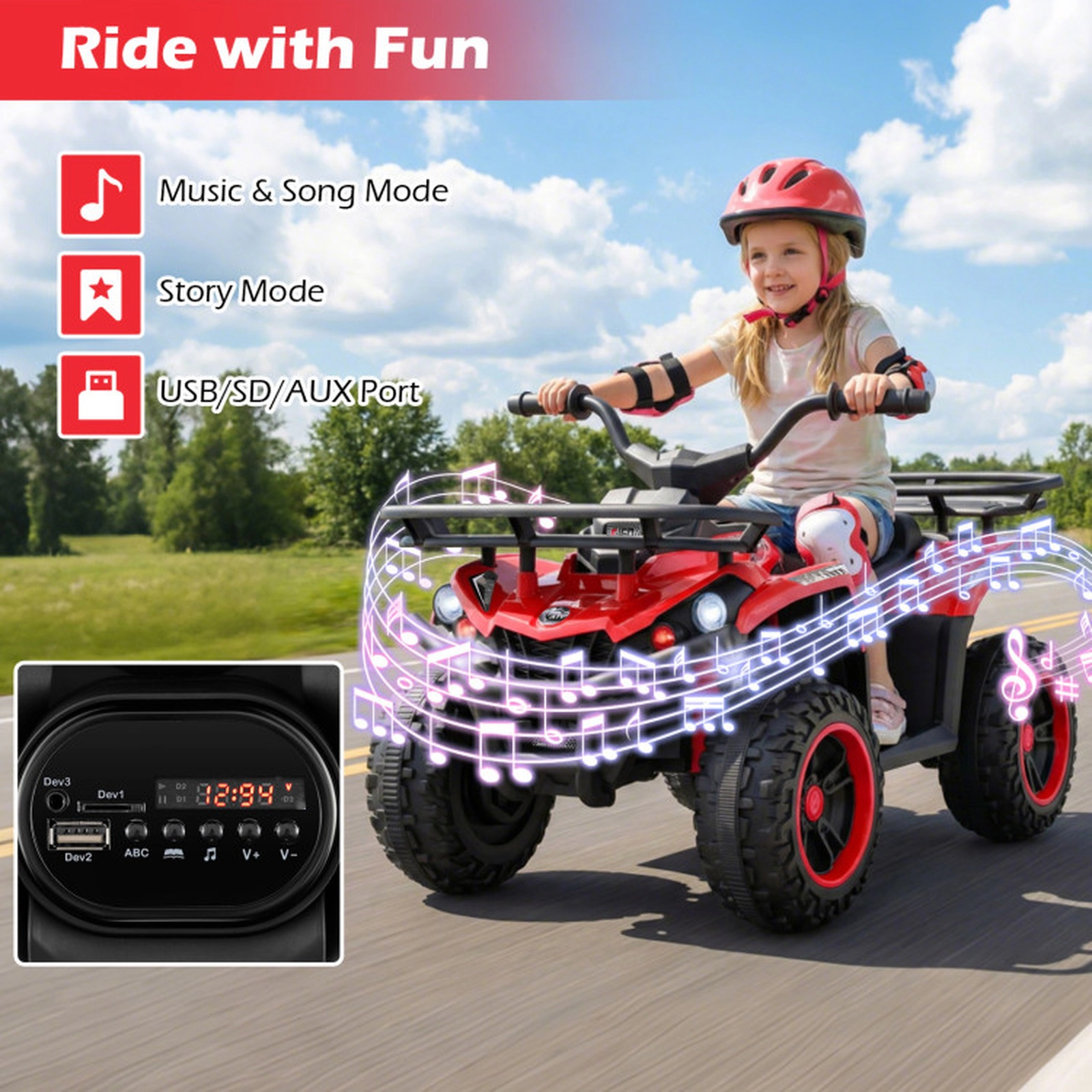 SUGIFT 24V 66-lb Capacity Red Kids Ride On ATV Quad with Dual 35W Motors 2-Speed Shifter and LED Headlights