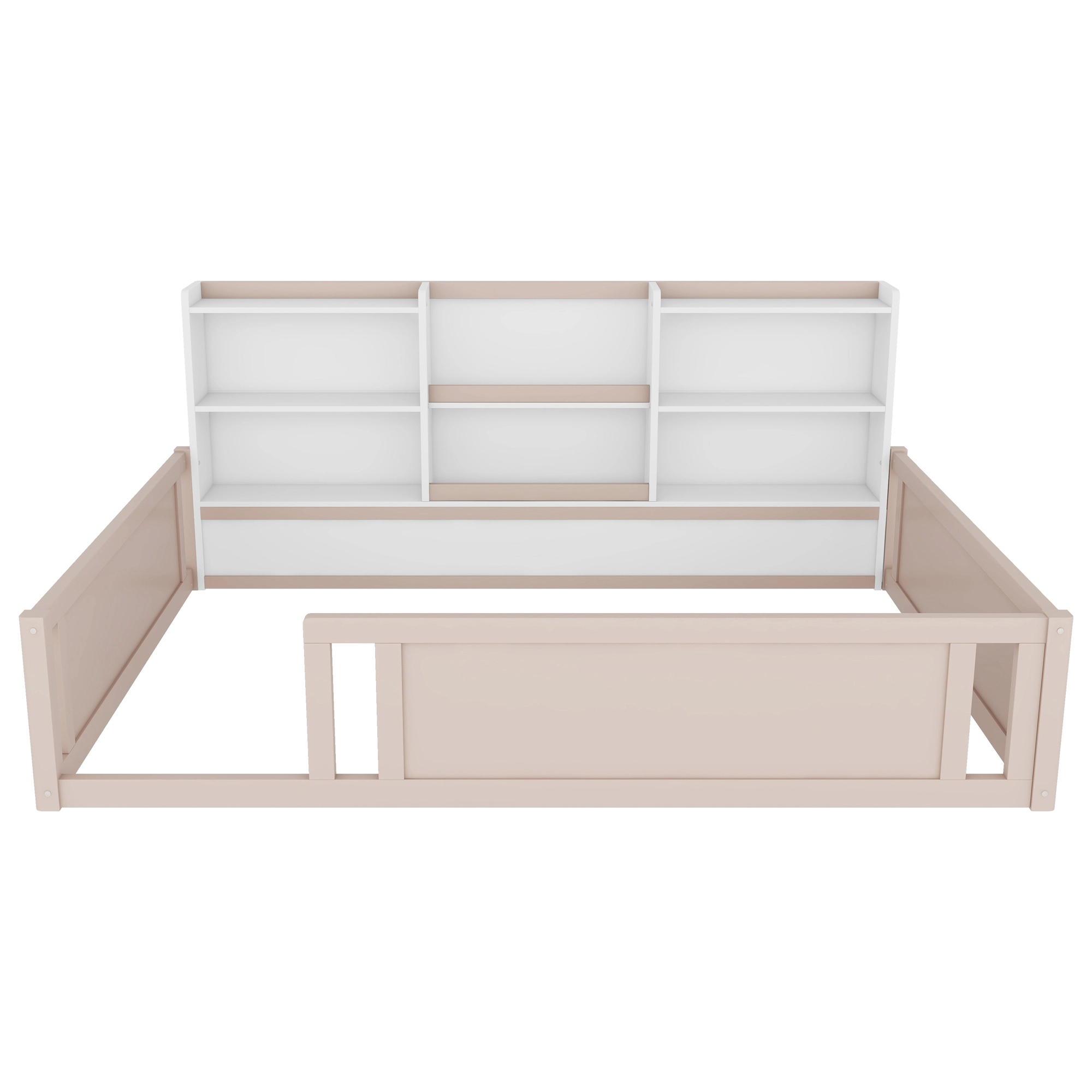 Flynama Full Wooden Floor Bed with Guardrail & Side Shelves, Space-Saving Kids Bed, Nude White