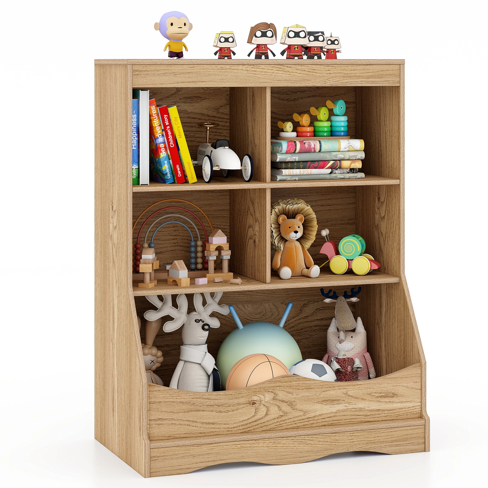 SUGIFT Kids 3-Tier Large Storage Bin 4 Cubbies Wooden Floor Bookcase 26.5-in x 16-in x 34.5-in 44-lb Bin Natural