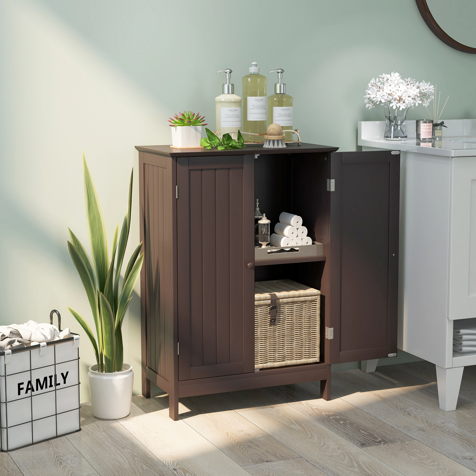 SUGIFT Bathroom Floor Storage Double Door Cupboard Cabinet 34.5-in Tall 22-lb Shelf Capacity 176-lb Top Capacity Brown
