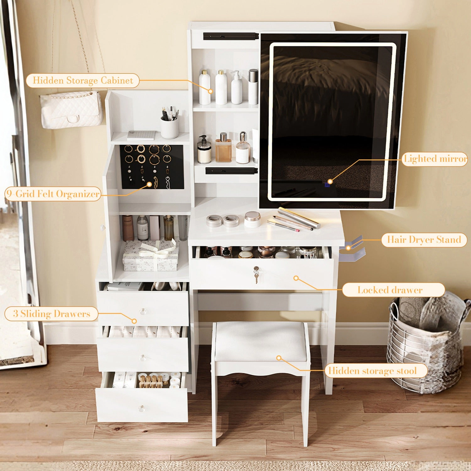 GBruno White Vanity Desk Set With LED Mirror & Stool