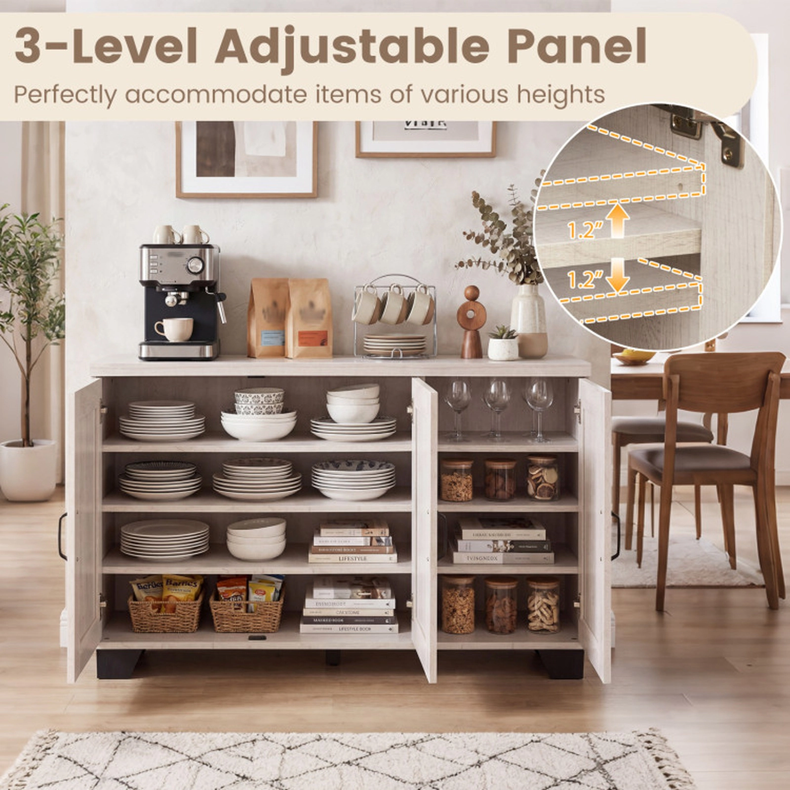 SUGIFT 45-in 132-lb Countertop Whitewashed Oak 3-Door Buffet Sideboard with 3-Level Adjustable Shelves