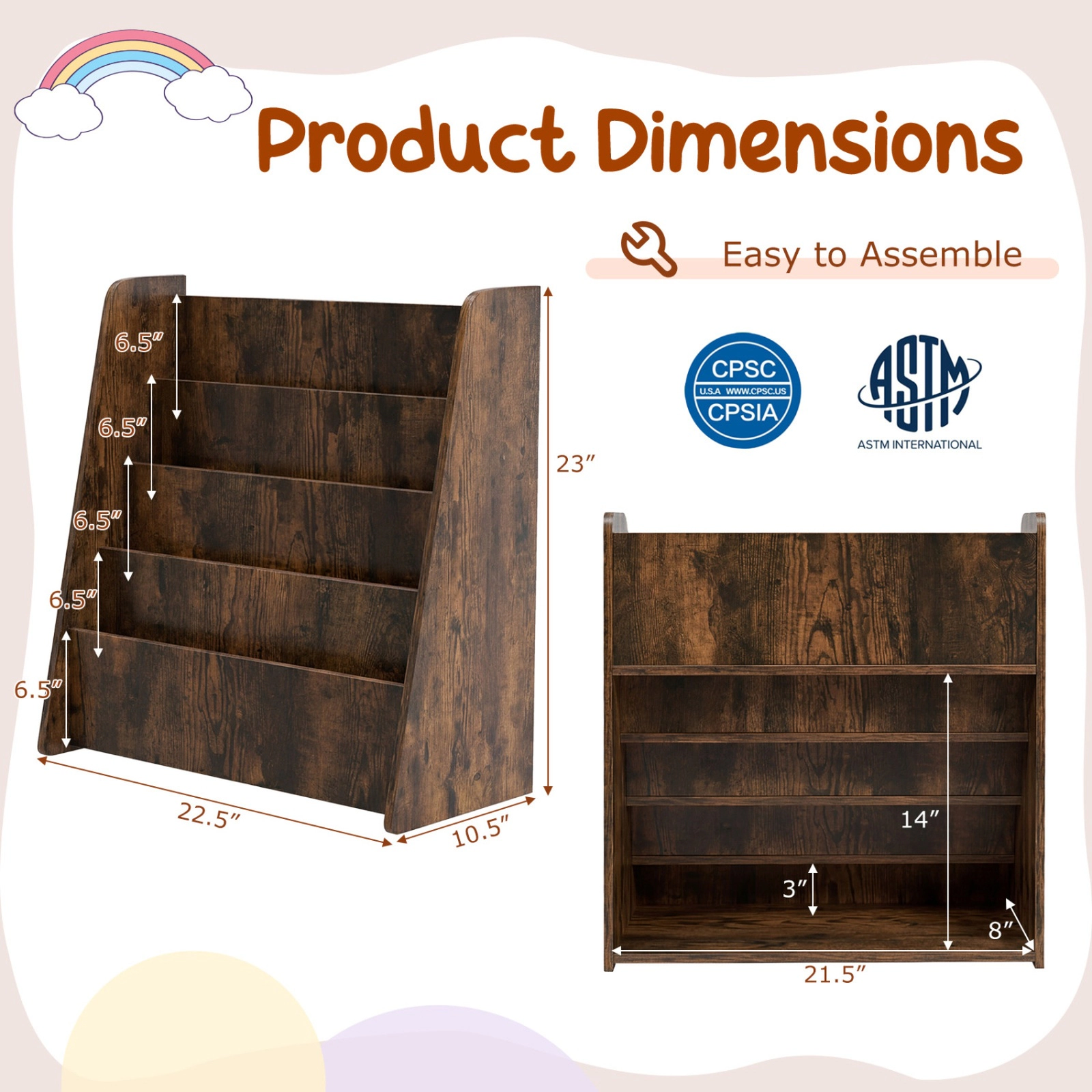 SUGIFT Kids 4-Tier Front Facing Display Shelves Faux Wood Grain Bookshelf 22.5-in x 10.5-in x 23-in Rustic Brown