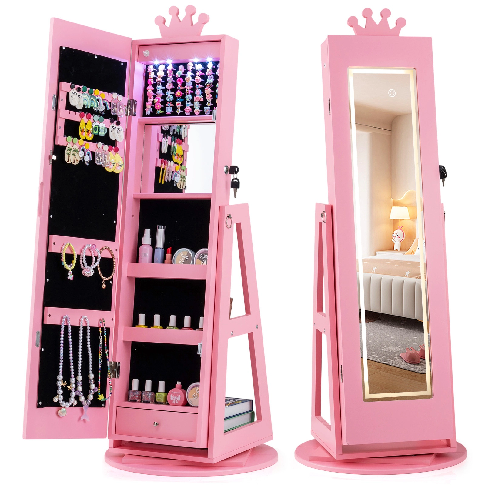 SUGIFT Kids Jewelry Armoire with 32.5-in Lighted Full-Length Mirror and 45-in Rotating Inner Mirror Cabinet
