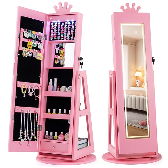 SUGIFT Kids Jewelry Armoire with 32.5-in Lighted Full-Length Mirror and 45-in Rotating Inner Mirror Cabinet
