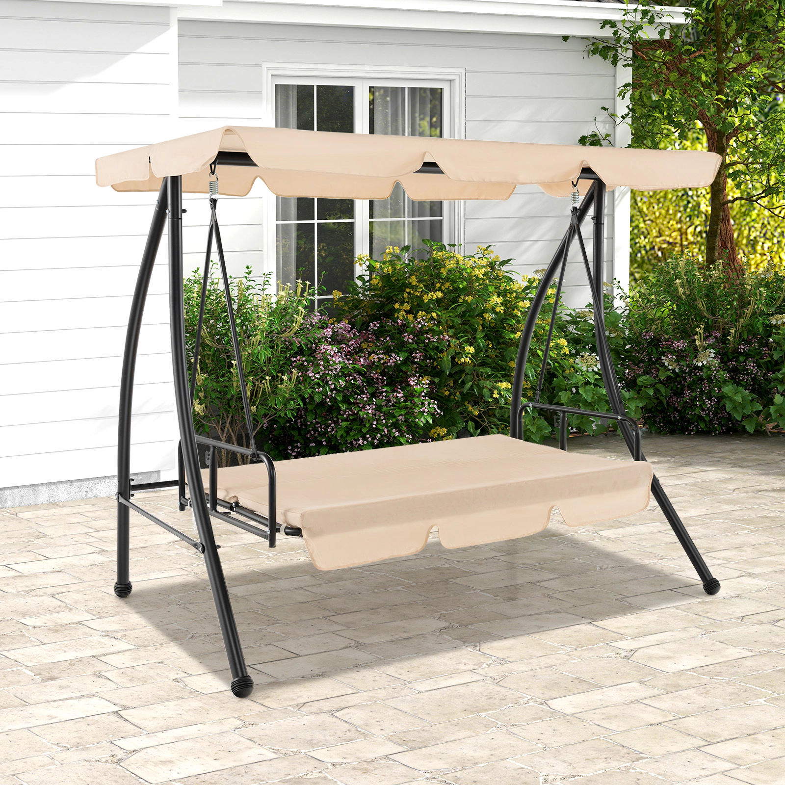 SUGIFT Convertible 2-Seat Outdoor Swing Chair with Flat Bed and Adjustable Canopy Beige