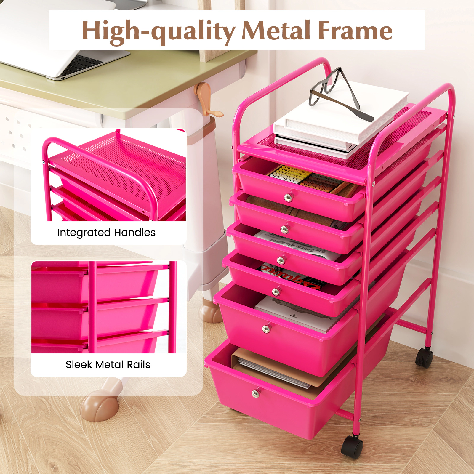 SUGIFT Multifunctional 6-Drawer Rolling Storage Cart Organizer 30-in Tall Rose Red