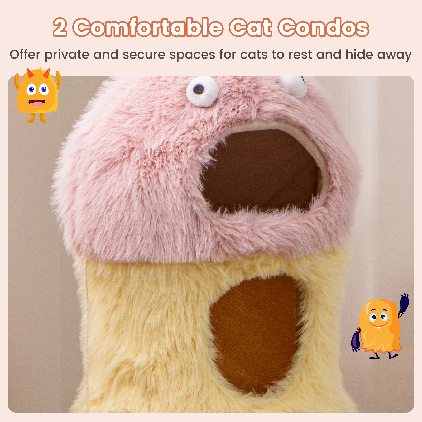 SUGIFT Monster-Themed Cat Tree Tower with 2 Private Condos and 3-Level Activity Center 33-lb Capacity Pink+Yellow
