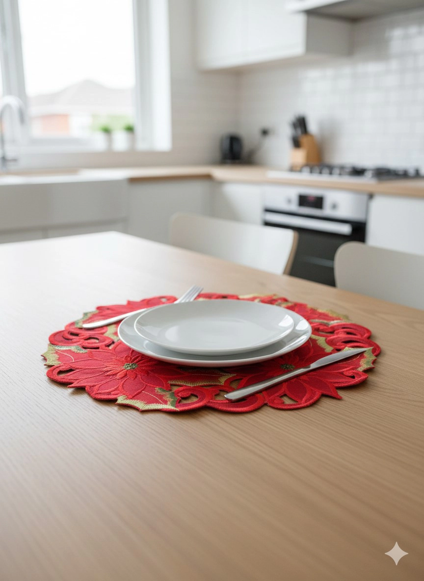 Jiallo Poinsettia Embroidered Cutwork Round Placemat, 23-Inch diameter