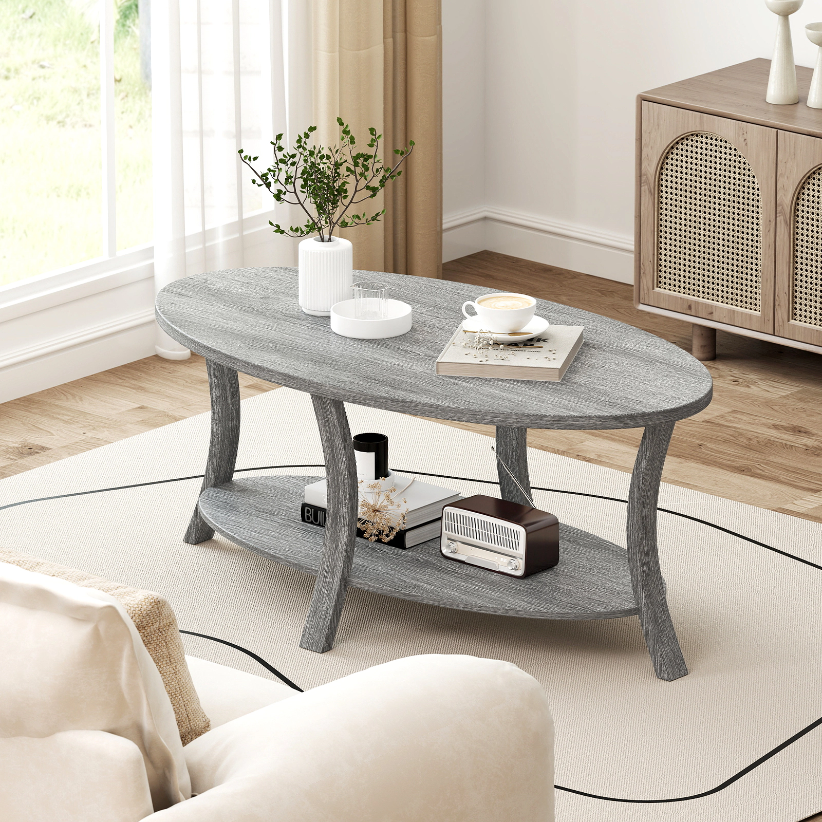 LJG Oval Coffee Table 2-Tier Center Table with Storage Shelf
