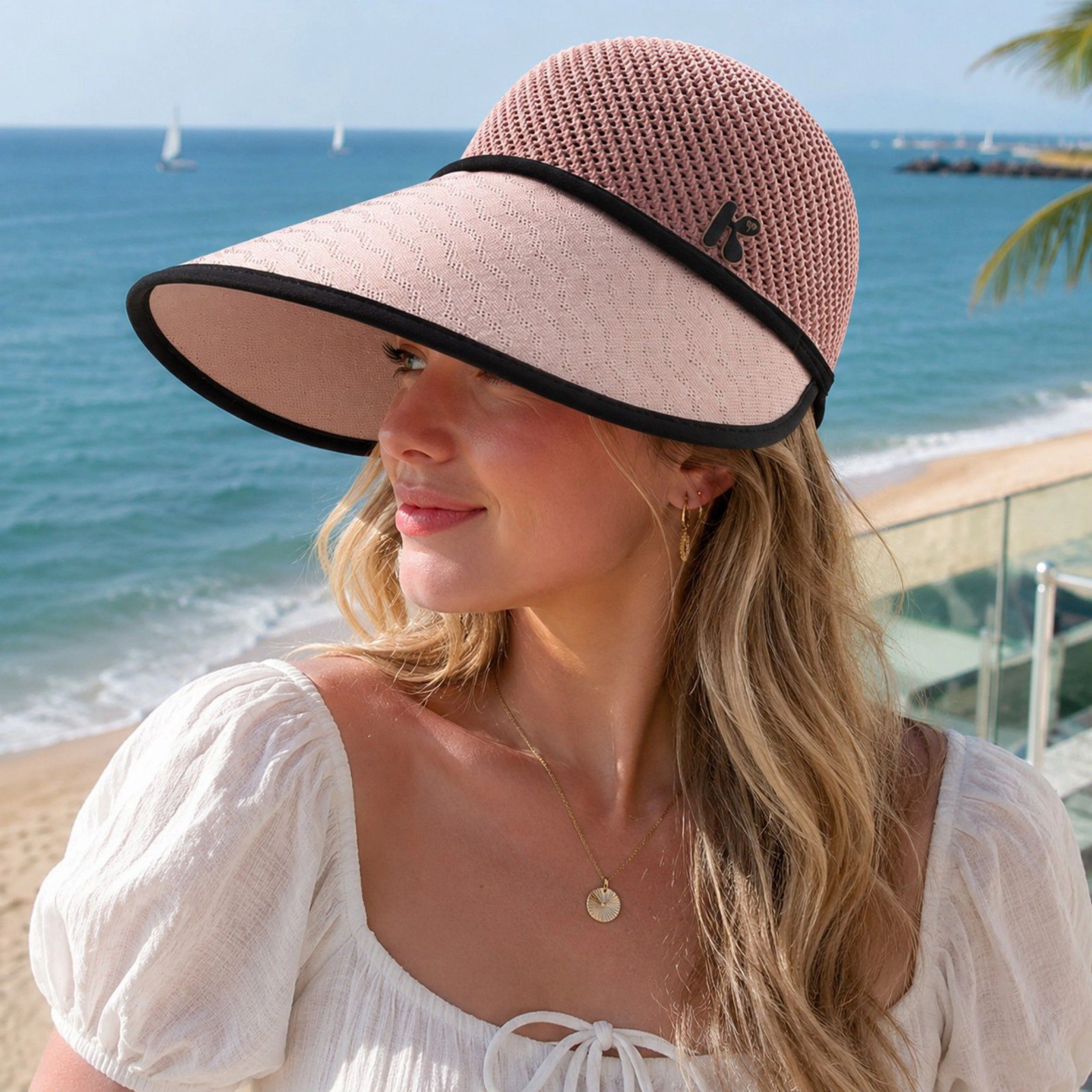 Alilang Women's Wide Brim Woven Visor Hat with UPF 50 Plus Crown Ponytail Back and Contrast Trim